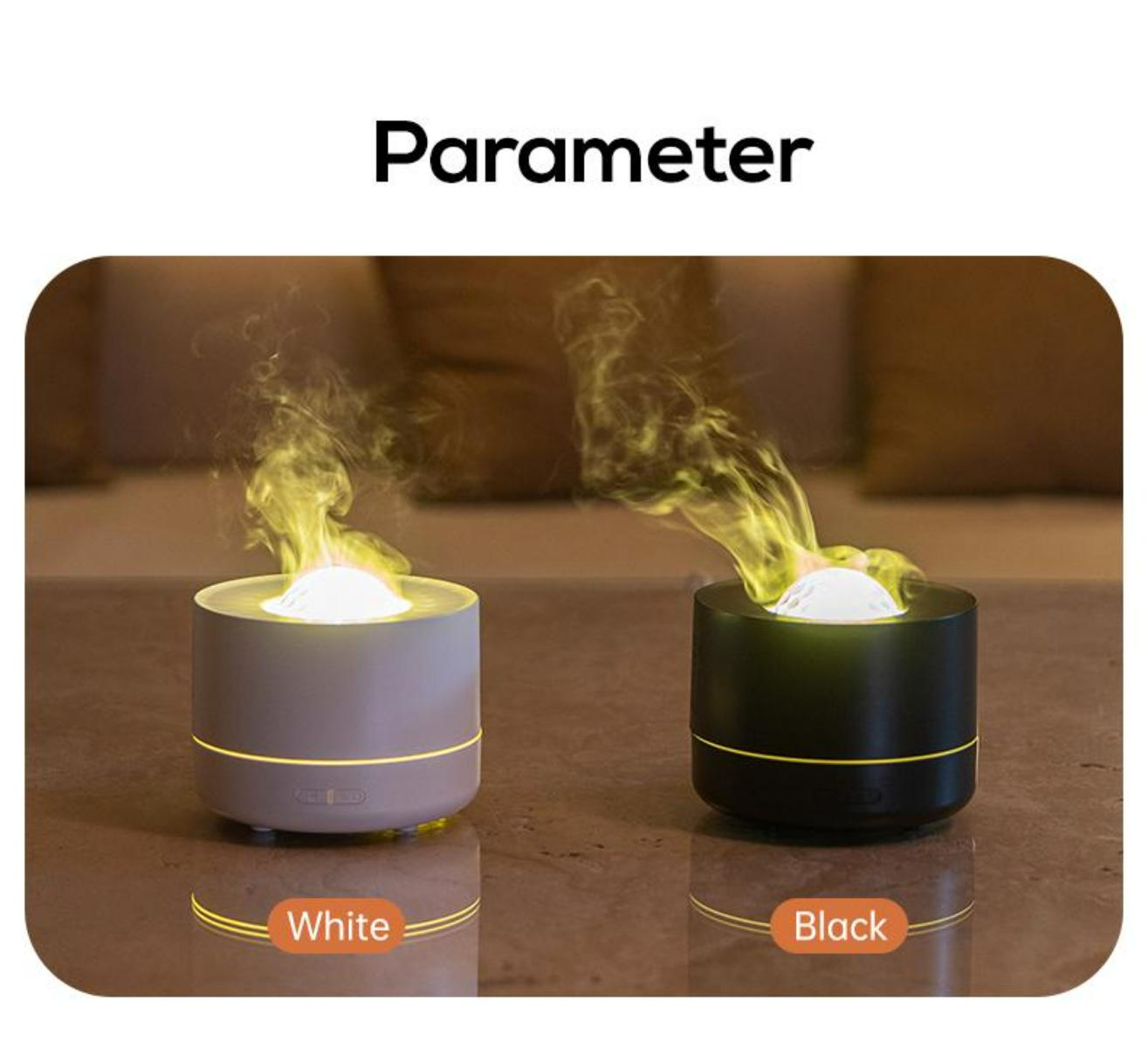 Das Bild zeigt einen weißen und schwarzen Aroma-Diffusor mit Dampf, beschriftet mit 'Weiß' und 'Schwarz'.