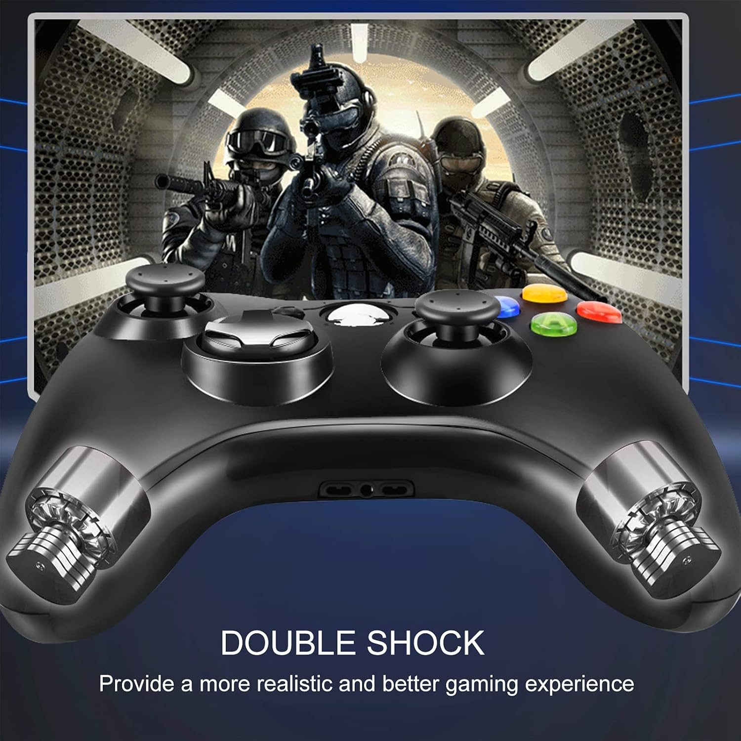 Ein schwarzer Xbox 360-Controller wird mit einer Spielszene im Hintergrund gezeigt. Text: 'Double Shock'.