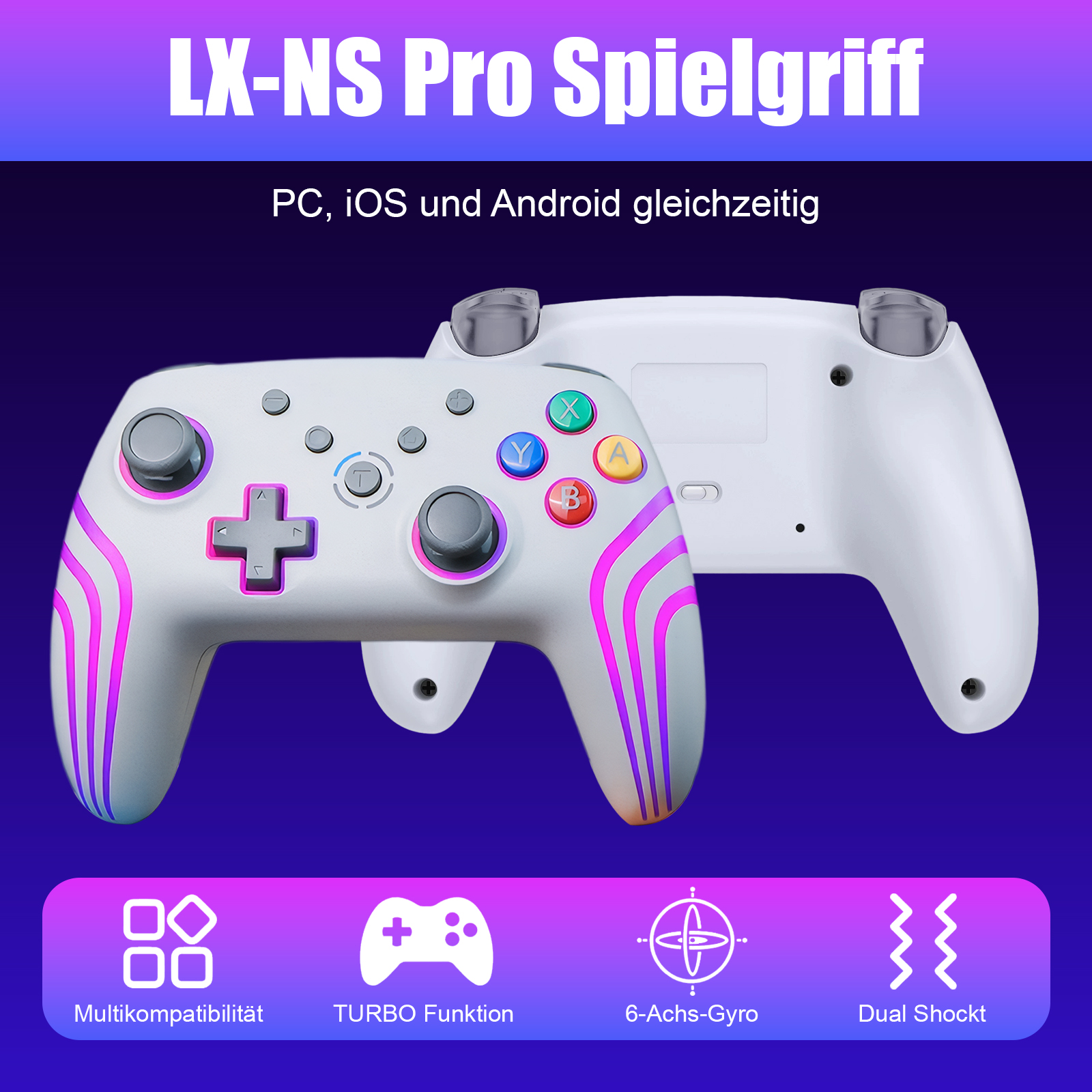 Weißer Gamecontroller mit lilafarbenen Akzenten. Ein weiterer Controller dahinter. Text lautet LX-NS Pro Spielgriff.