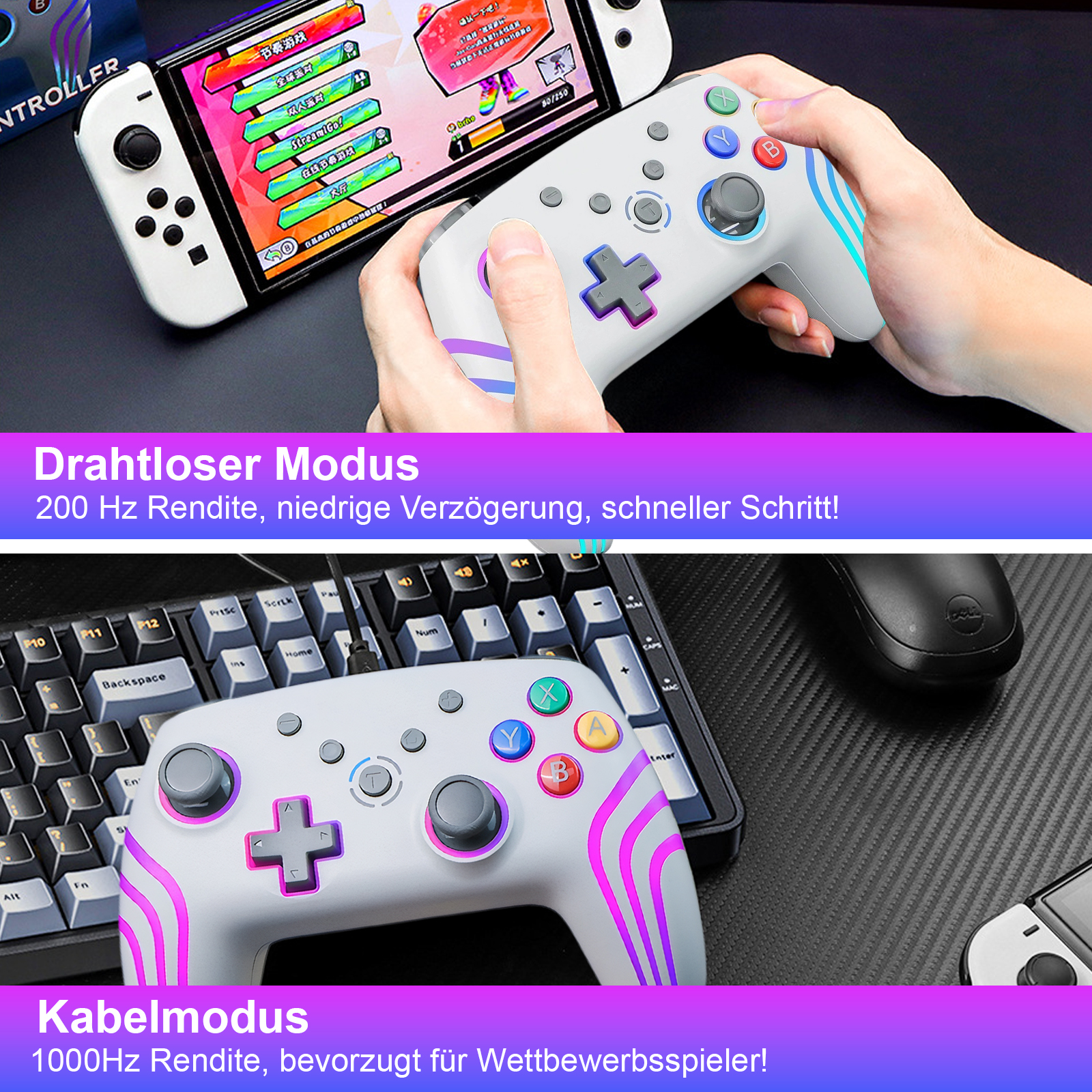Zwei Bilder von Controllern. Eines ist in Gebrauch, eines liegt auf einer Tastatur.