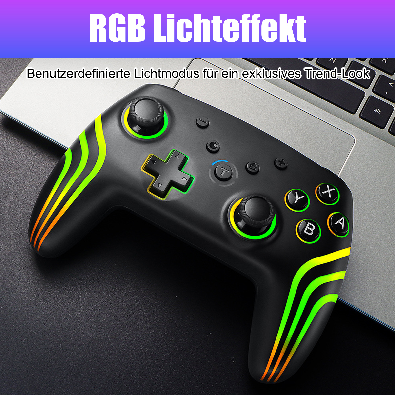 Schwarzer Gamecontroller mit RGB-Lichtern. Der Controller liegt auf einem Laptop.