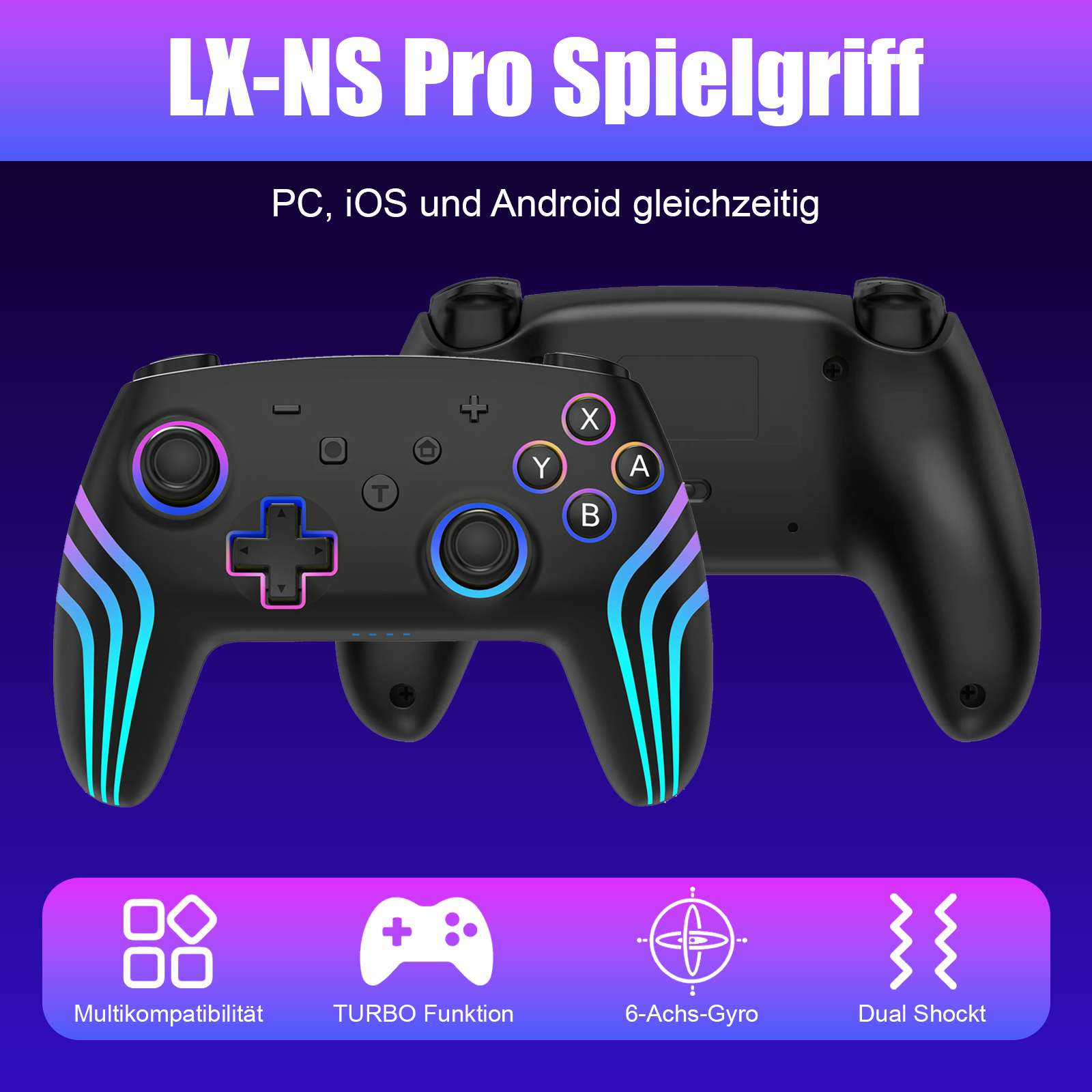 Schwarzer Gamecontroller mit lilafarbenen Akzenten. Ein weiterer Controller dahinter. Text lautet LX-NS Pro Spielgriff.