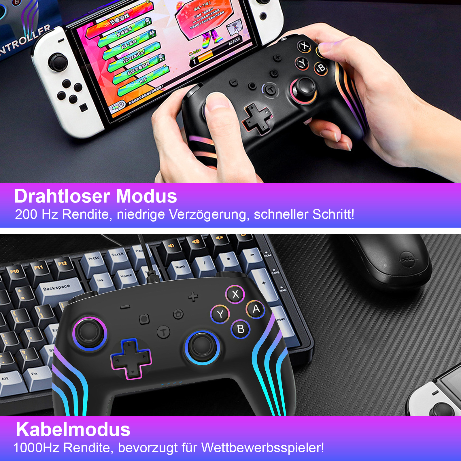 Zwei Bilder von Controllern. Eines ist in Gebrauch, eines liegt auf einer Tastatur.