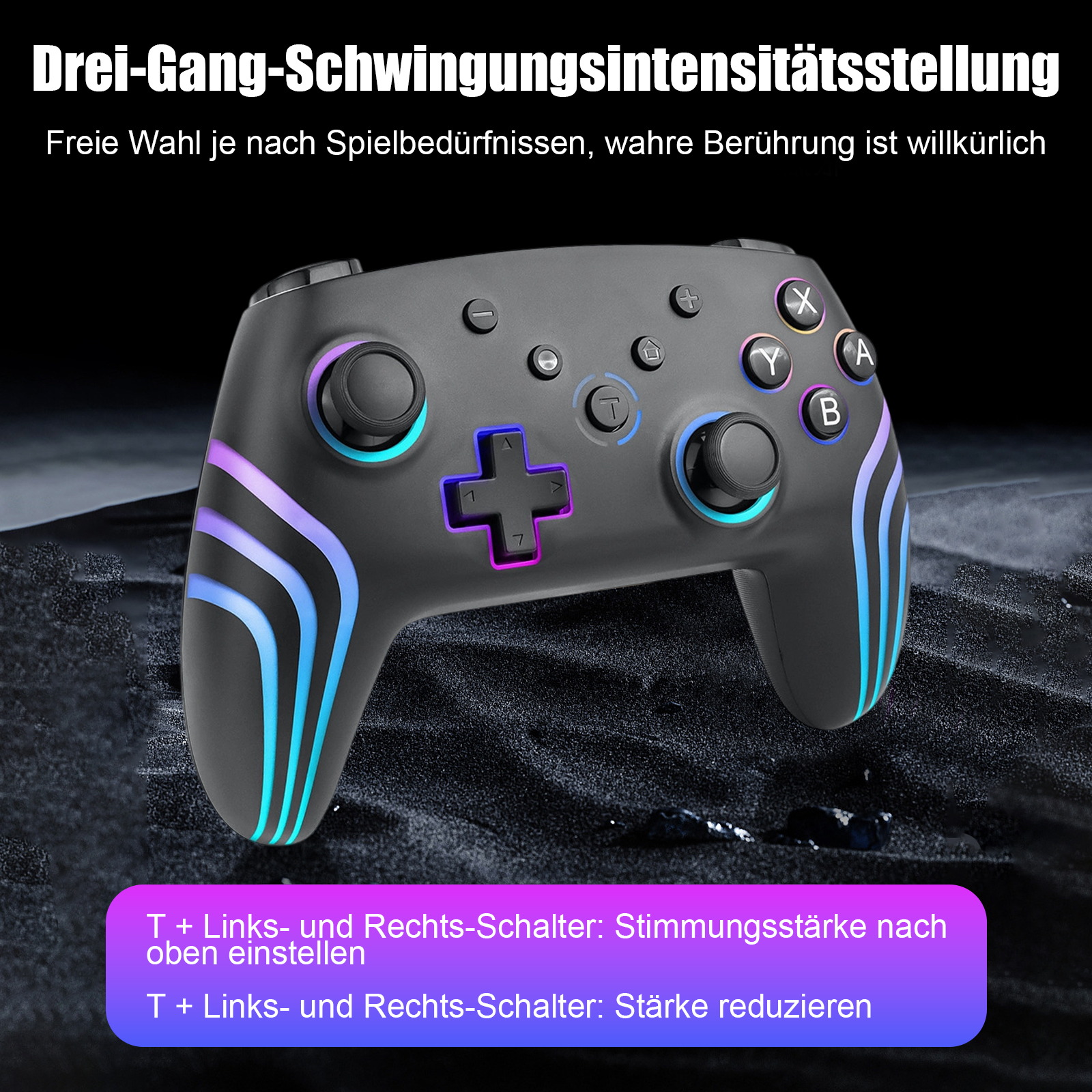 Schwarzer Gamecontroller mit bunten Lichtern. Knöpfe sind beschriftet. Der Hintergrund ist dunkel.