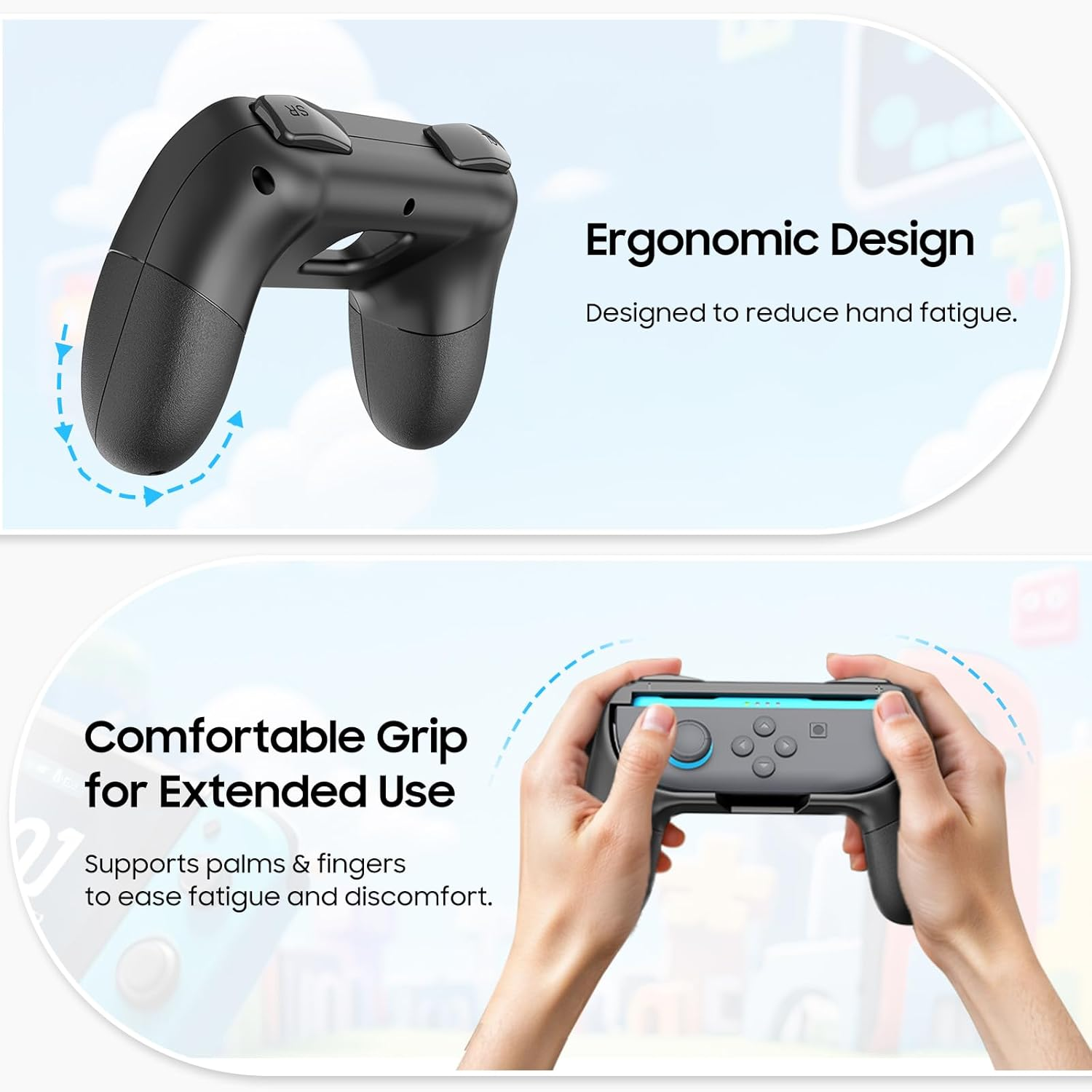 Ein schwarzer Gamecontroller und eine Hand, die ihn hält.