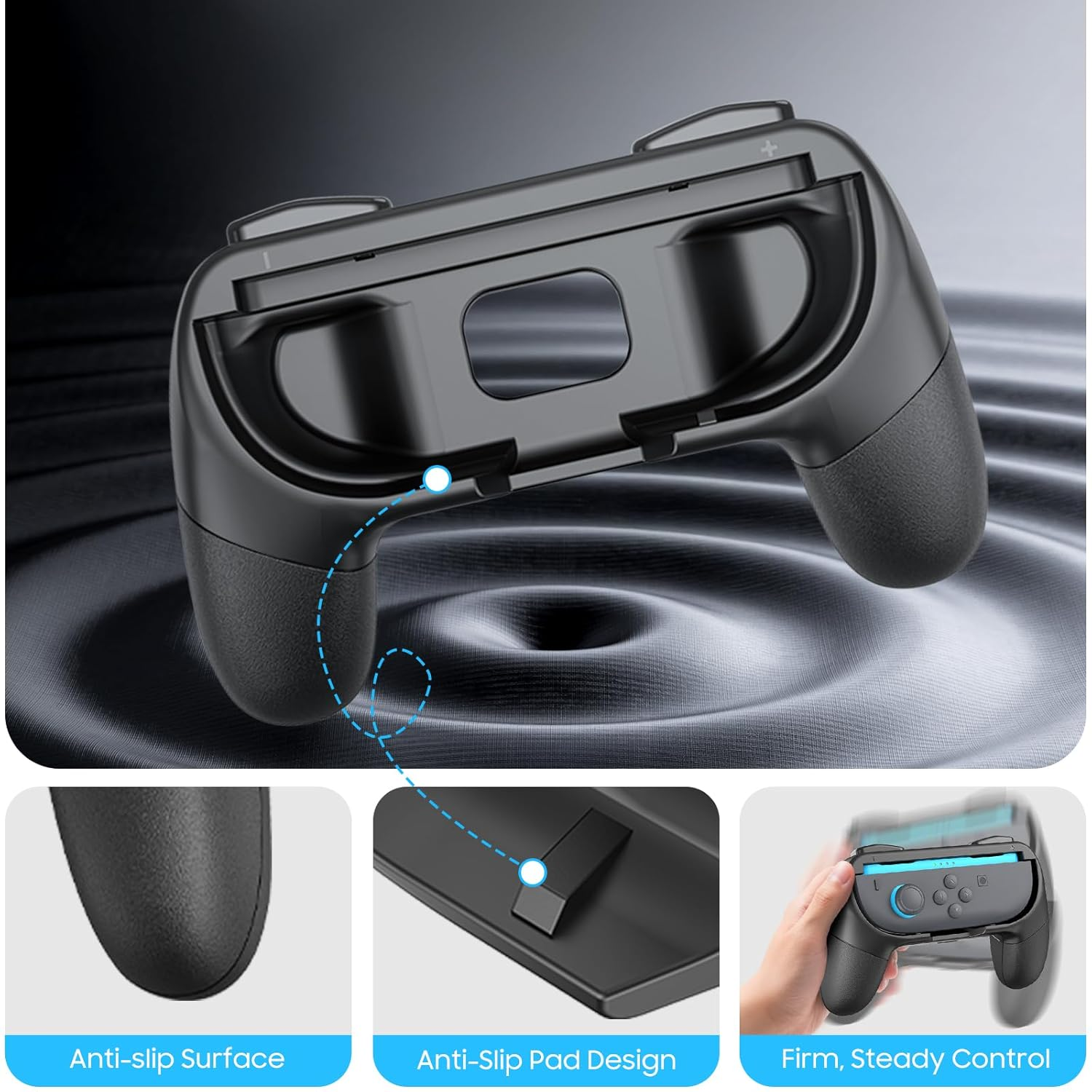 Schwarzer Gamecontroller-Griff mit eingebauter Halterung. Merkmale: rutschfeste Oberfläche, Design und fester Halt.