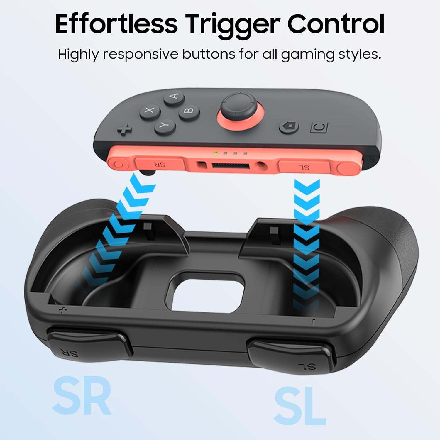 Ein schwarzer Gamecontroller wird gezeigt, wobei der obere Teil getrennt ist.