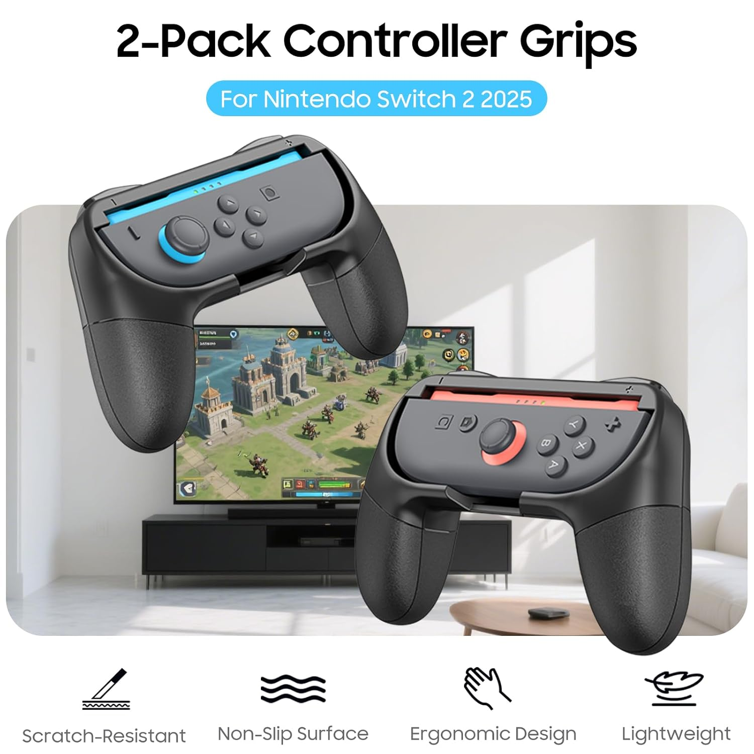Zwei schwarze Gamecontroller-Griffe. Einer befindet sich auf einem Fernsehbildschirm.