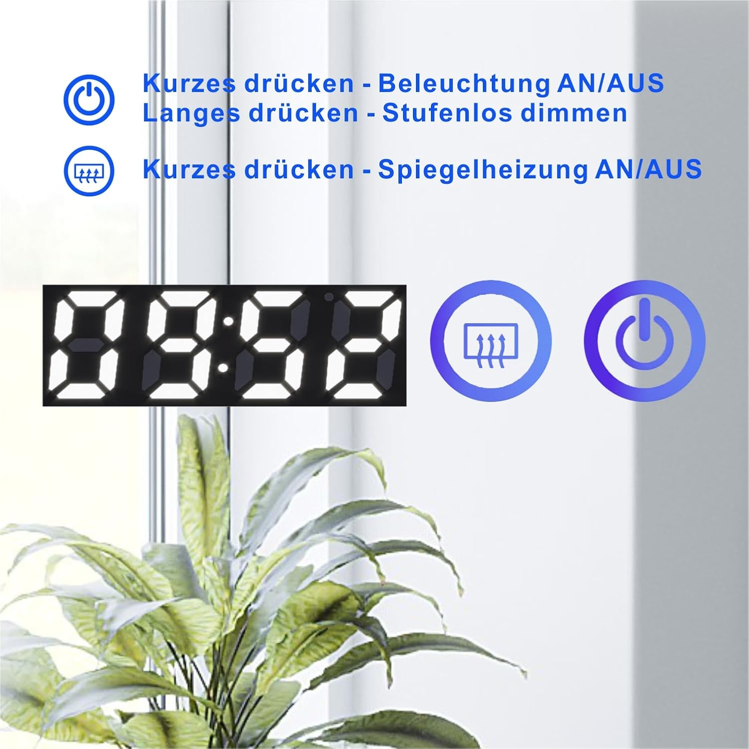 Eine Digitaluhr und zwei Symbole, eines für Licht und eines für Strom.