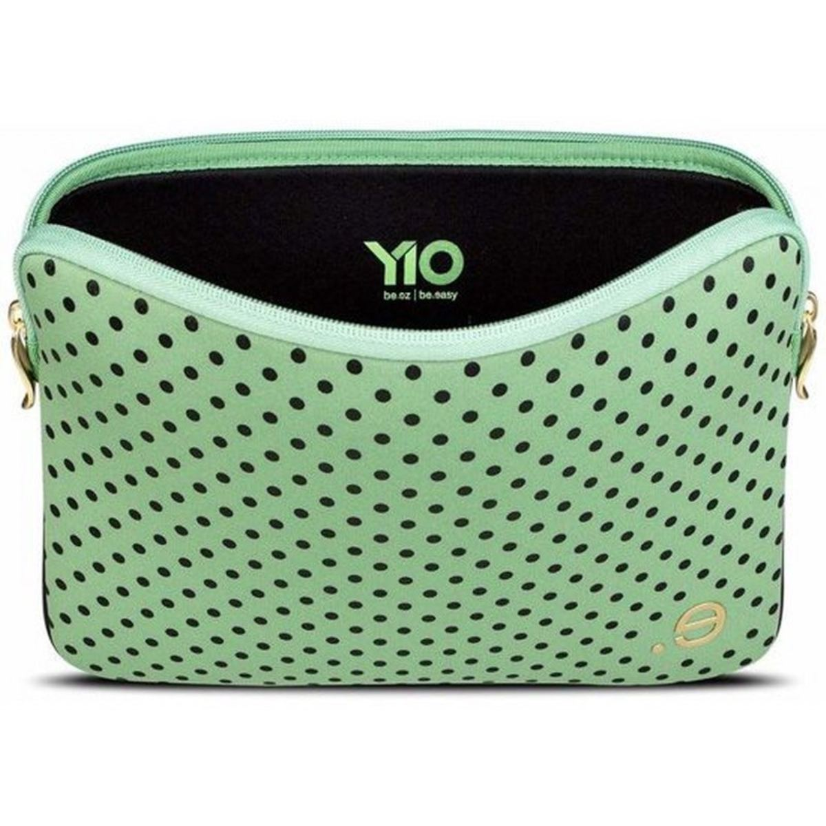 Groene laptoptas met zwarte stippen. De binnenkant is zwart en de rits is mintgroen.