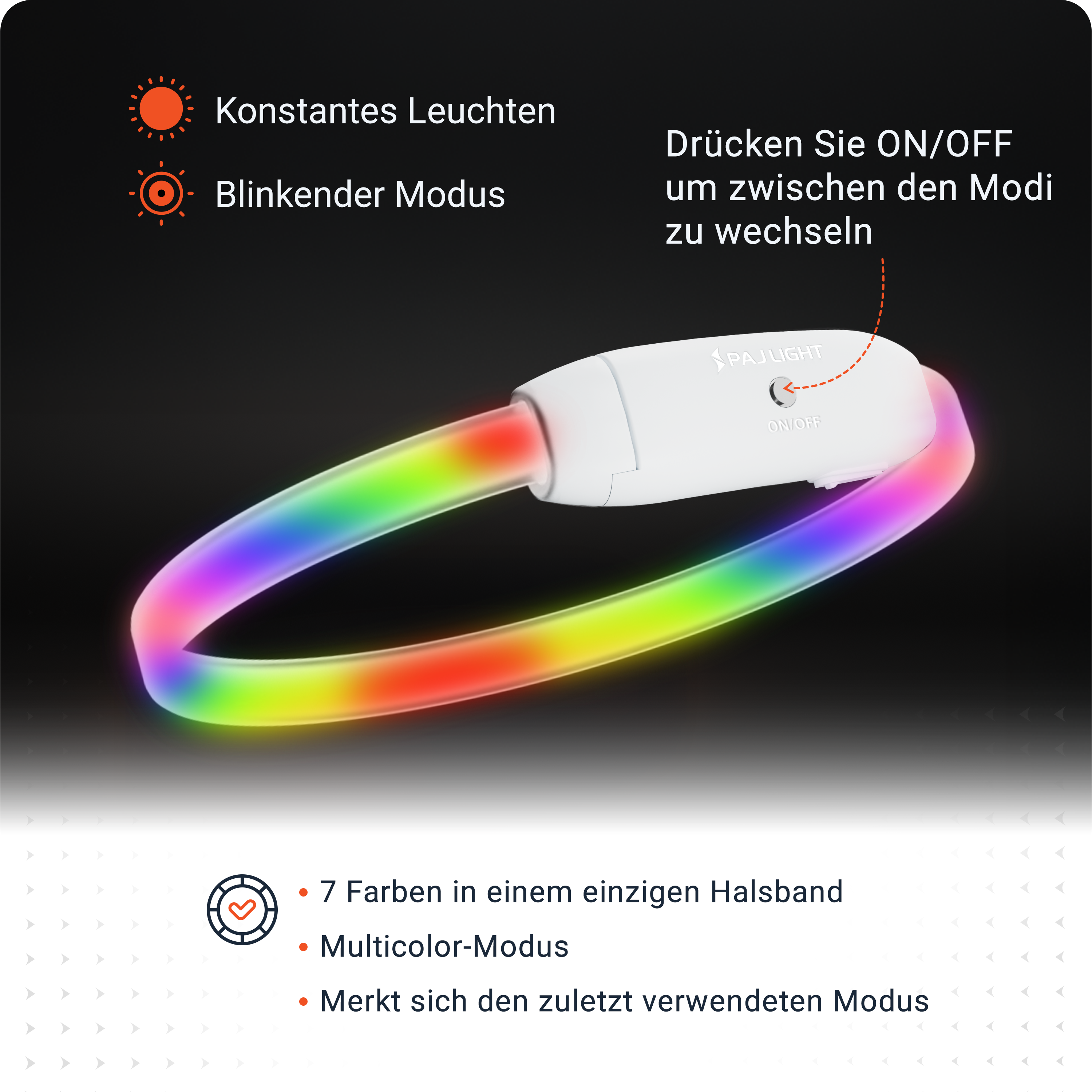 Ein Hundehalsband mit bunten Lichtern und einem Steuermodul.