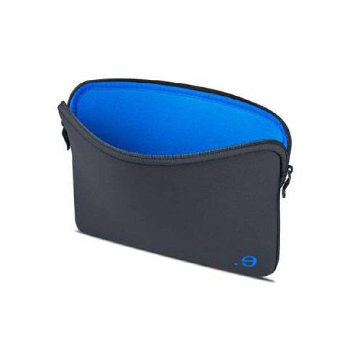 Housse d'ordinateur portable gris foncé. Ouverte, montrant l'intérieur bleu. Une fermeture éclair noire.