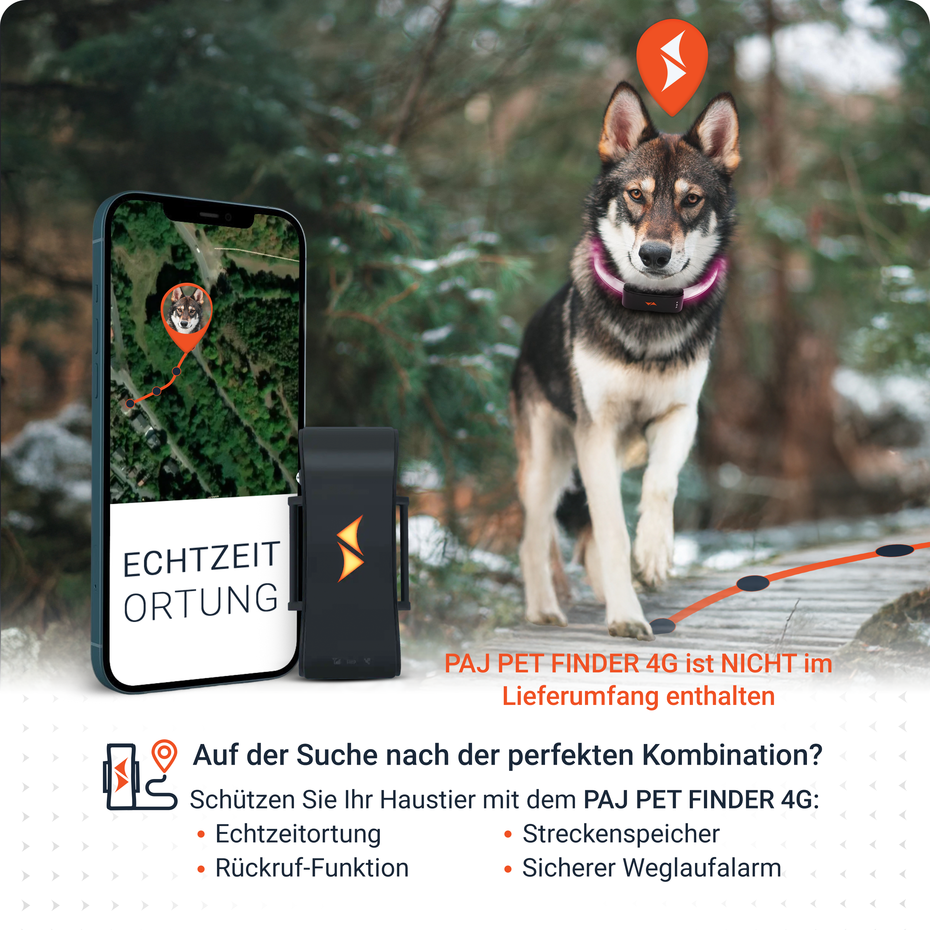 Ein Smartphone und ein Gerät mit einem Hund, der ein Halsband trägt. Text erwähnt Echtzeit-Ortung.