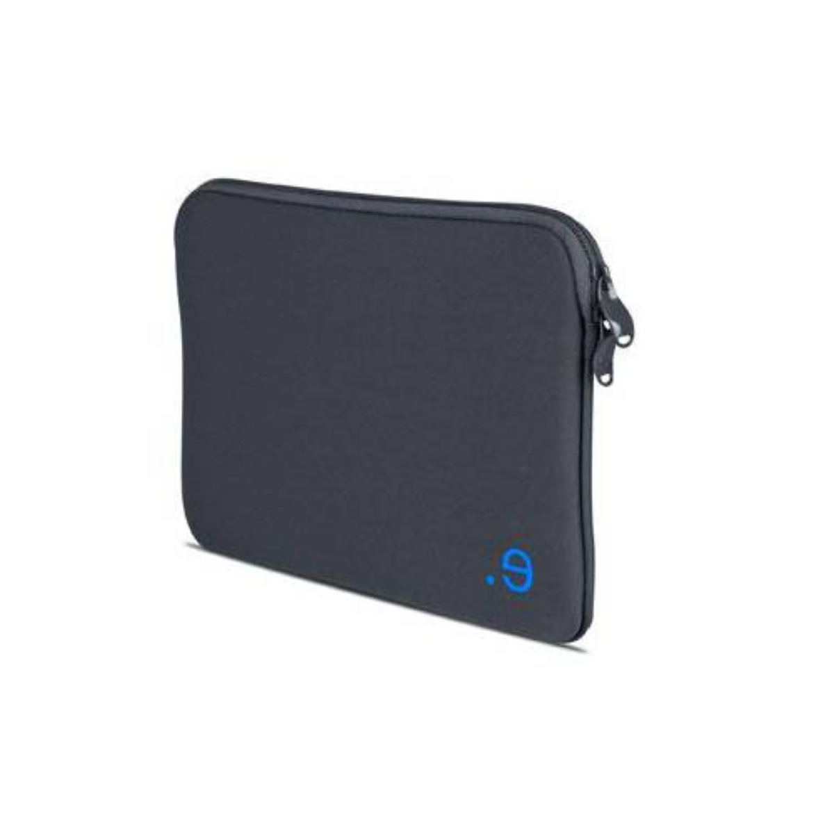 Housse noire pour ordinateur portable avec fermeture éclair et logo '.9' bleu.