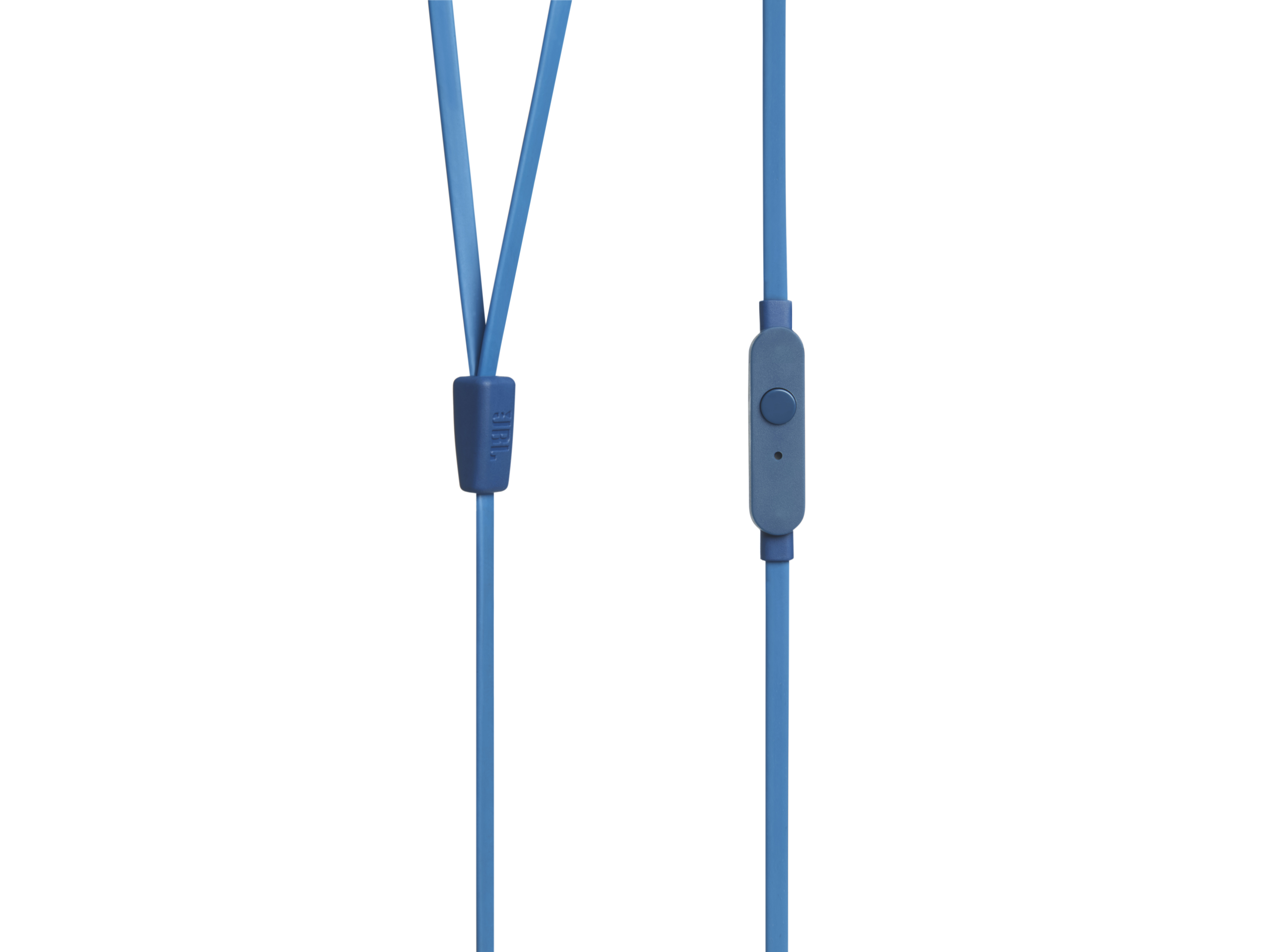 Blaue JBL-Ohrhörer mit Steuertaste und JBL-Logo.