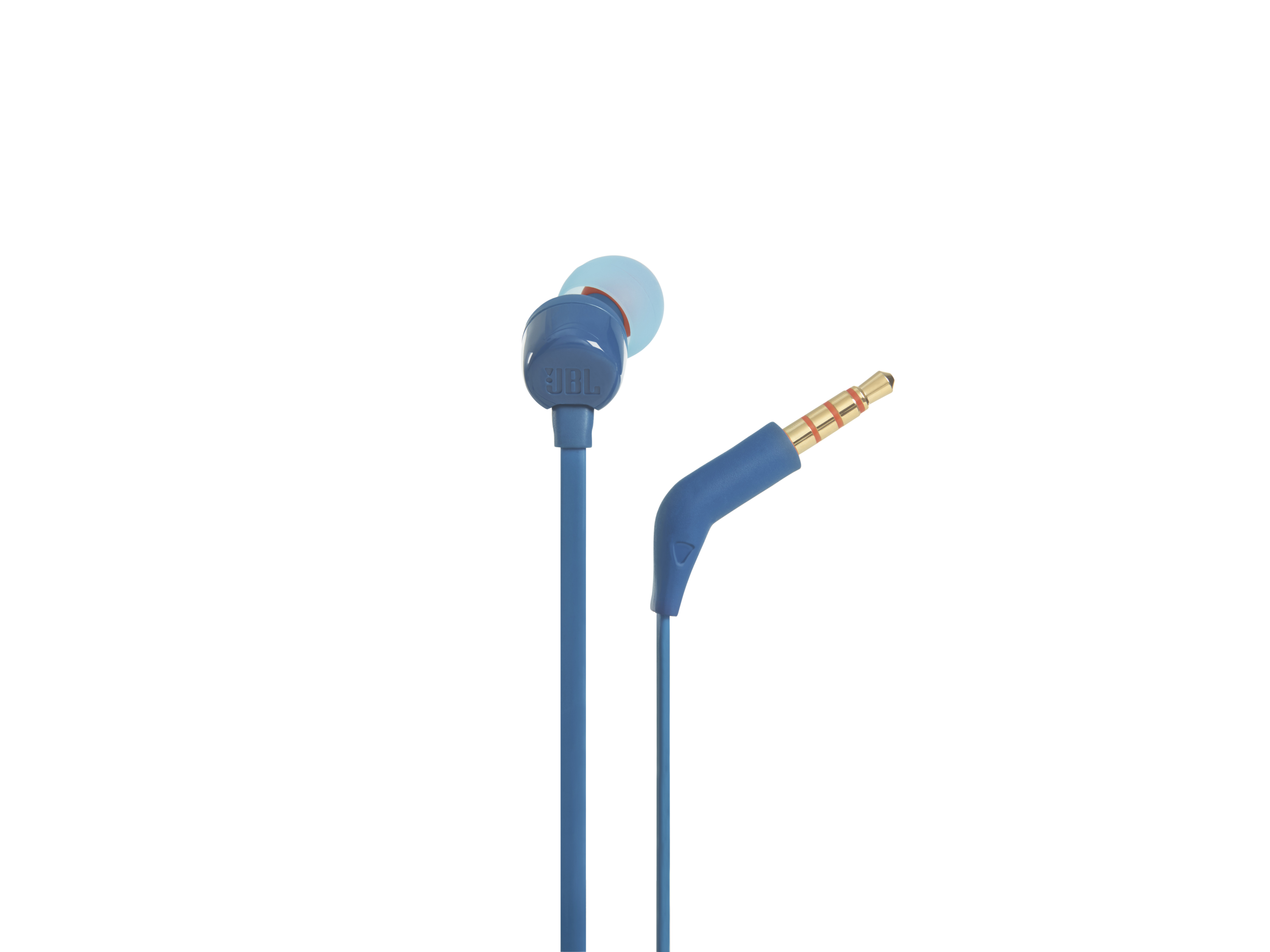 Blaue JBL In-Ear-Kopfhörer. Das Bild zeigt die Ohrhörer und den Audioanschluss.