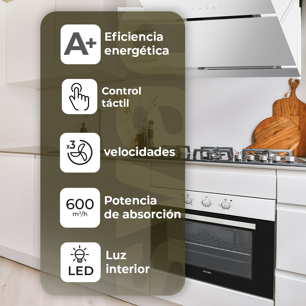 Cocina con campana extractora blanca, eficiencia A+, control táctil, 3 velocidades, 600 m3/h potencia, luz LED.