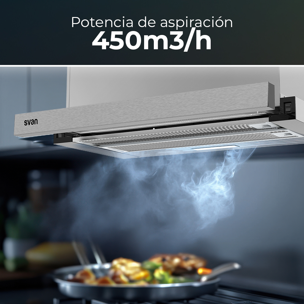 Una campana de cocina moderna, con una sartén y comida visible, con el texto 'Potencia de aspiración'.