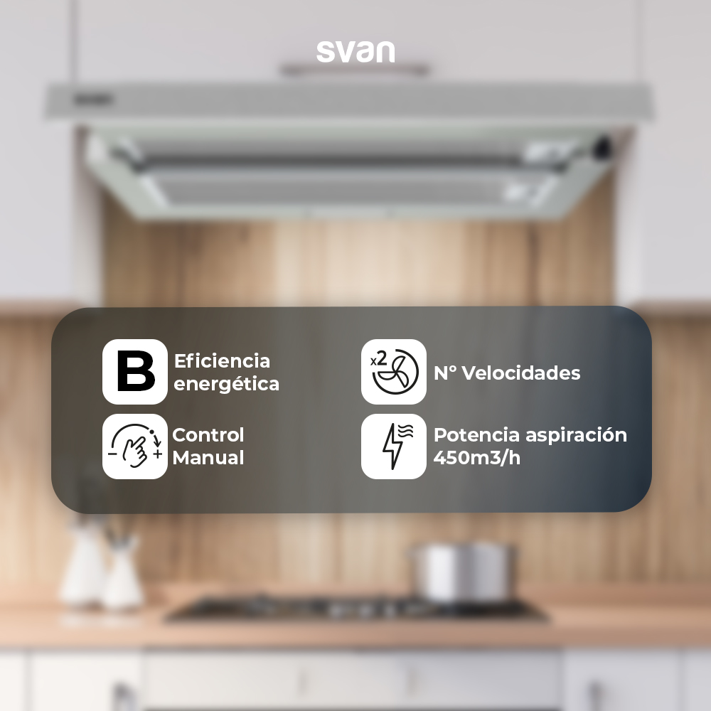 Una imagen que muestra una campana extractora con iconos de eficiencia energética, velocidades, control manual y potencia de aspiración.