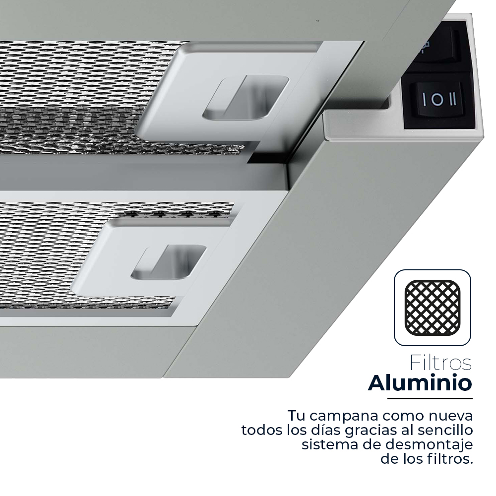 Primer plano del filtro de una campana extractora con detalles de filtros de aluminio. Texto: 'Filtros de Aluminio'.