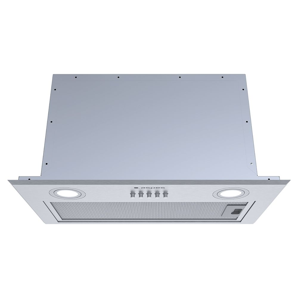 Una campana de cocina blanca con dos luces, un filtro de malla y botones de control.