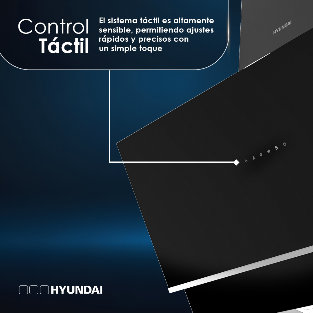 Primer plano de una campana extractora HYUNDAI negra con controles táctiles, sobre un fondo azul degradado.