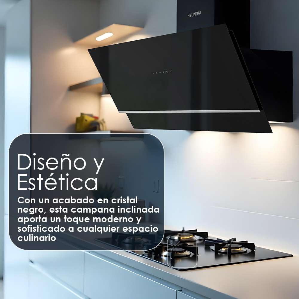 Cocina con campana extractora Hyundai negra y cocina de gas. Diseño moderno, paredes y encimeras blancas.