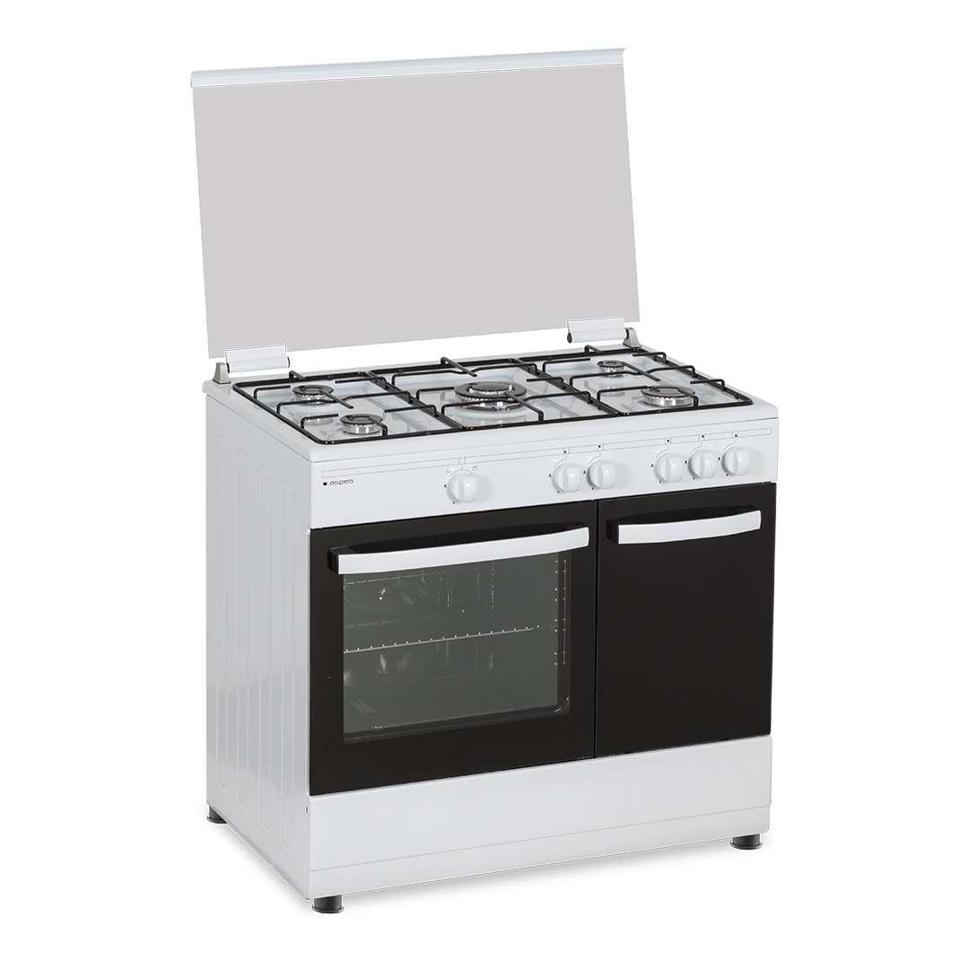 Cocina de gas blanca con cuatro quemadores y tapa abierta. Blanco y negro con fondo blanco.