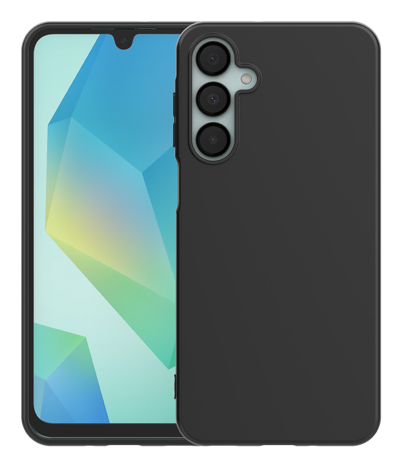 Telefono e custodia neri. Lo schermo del telefono mostra un design geometrico colorato. Vista posteriore.
