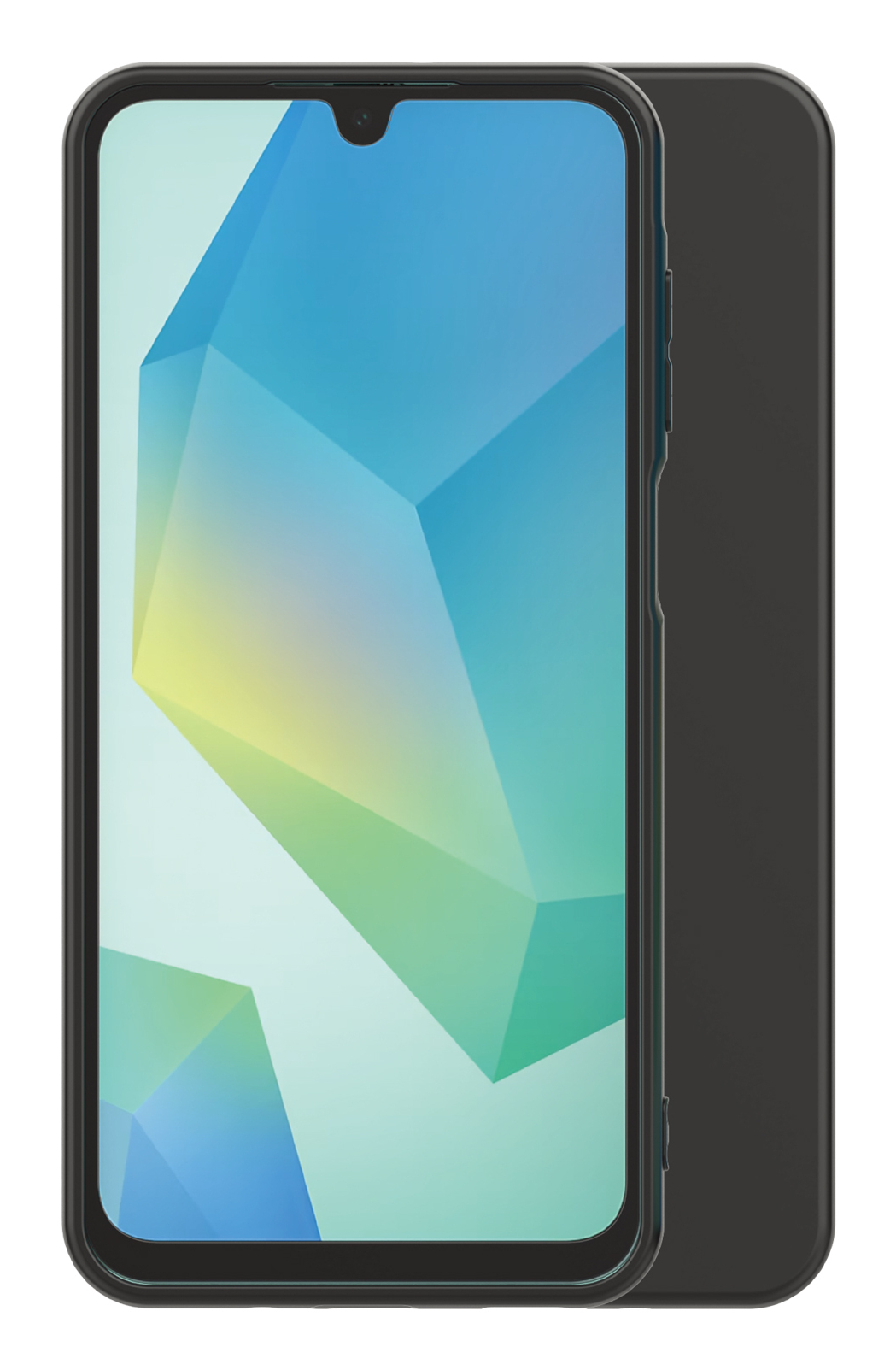 Telefono e custodia neri. Lo schermo del telefono mostra un design geometrico colorato. Vista laterale.