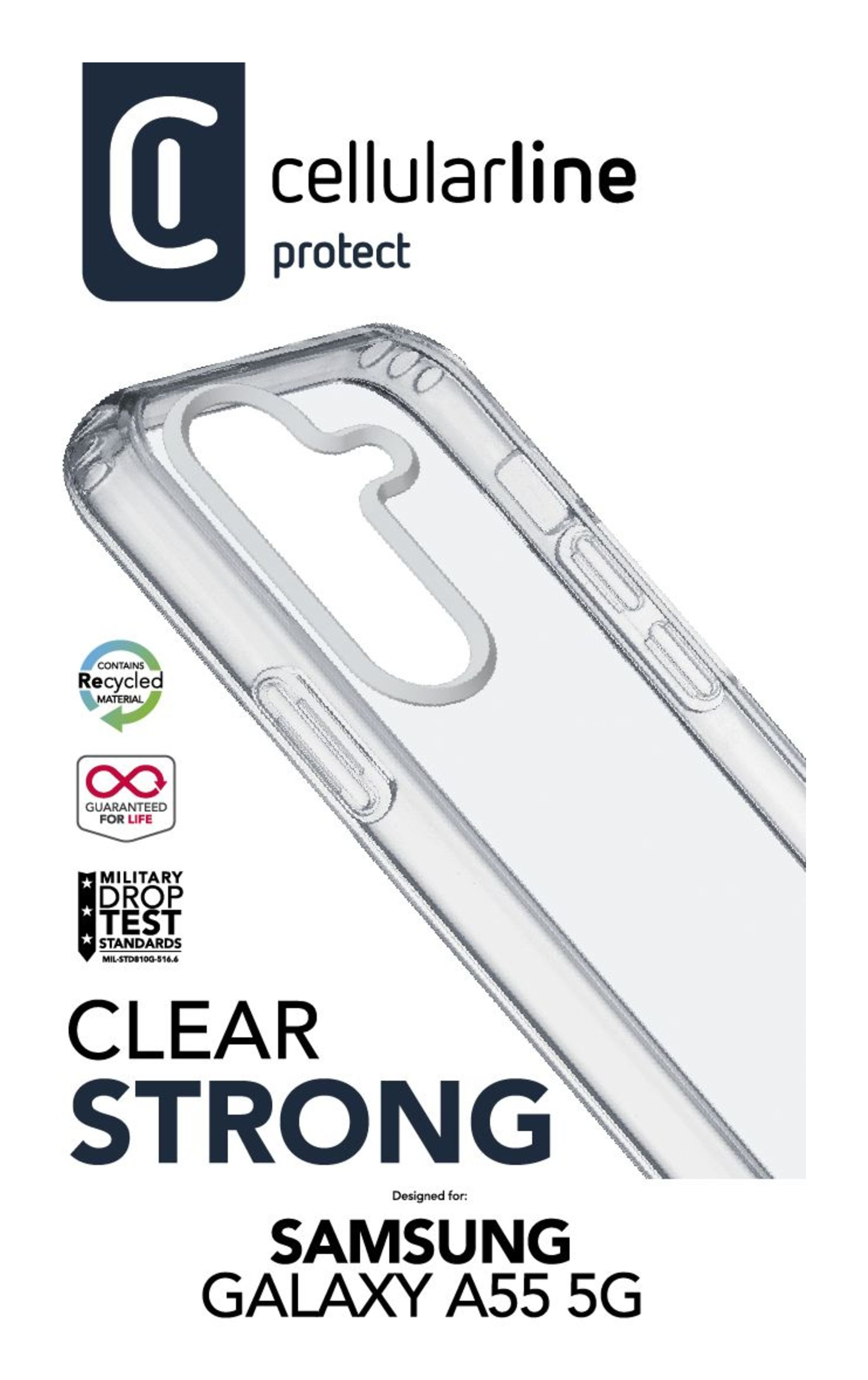 Transparente Handyhülle mit Text. Die Hülle ist transparent mit weißem Hintergrund. Text: CLEAR STRONG SAMSUNG GALAXY A55 5G.