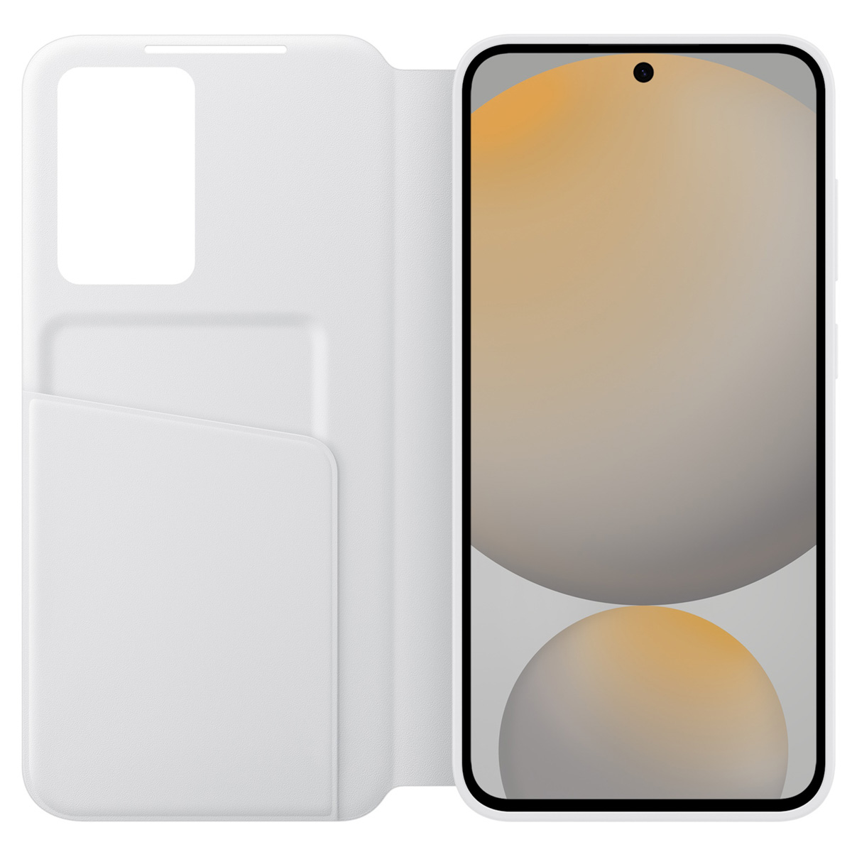 Witte telefoonhoes open. De telefoon is zichtbaar en heeft een grote witte rechthoekige uitsparing voor de camera.