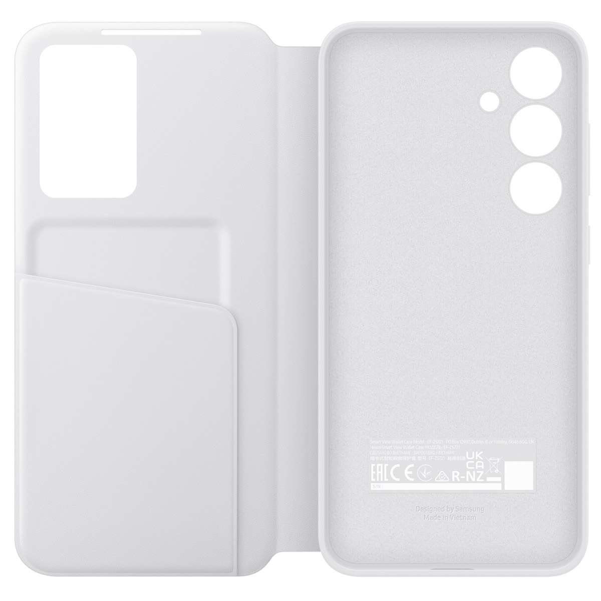 Een witte telefoonhoes met een sleuf voor kaarten en het Samsung-logo.