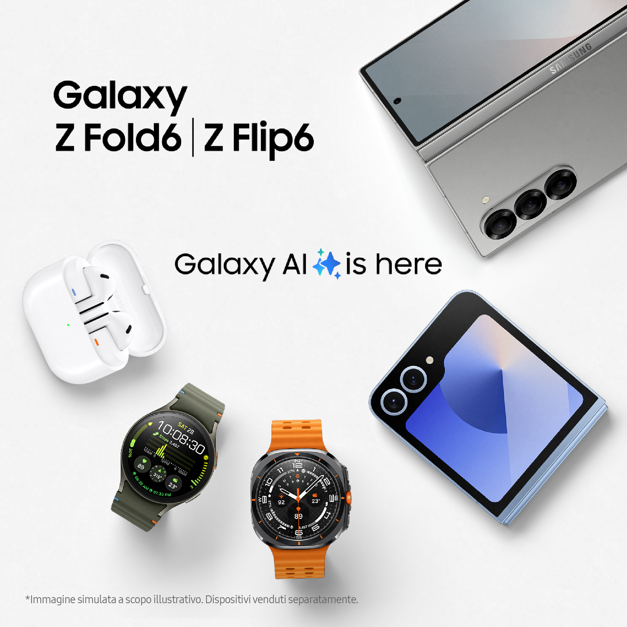 Kolekcja elektroniki: wyświetlany jest telefon, składany telefon, zegarek i słuchawki.