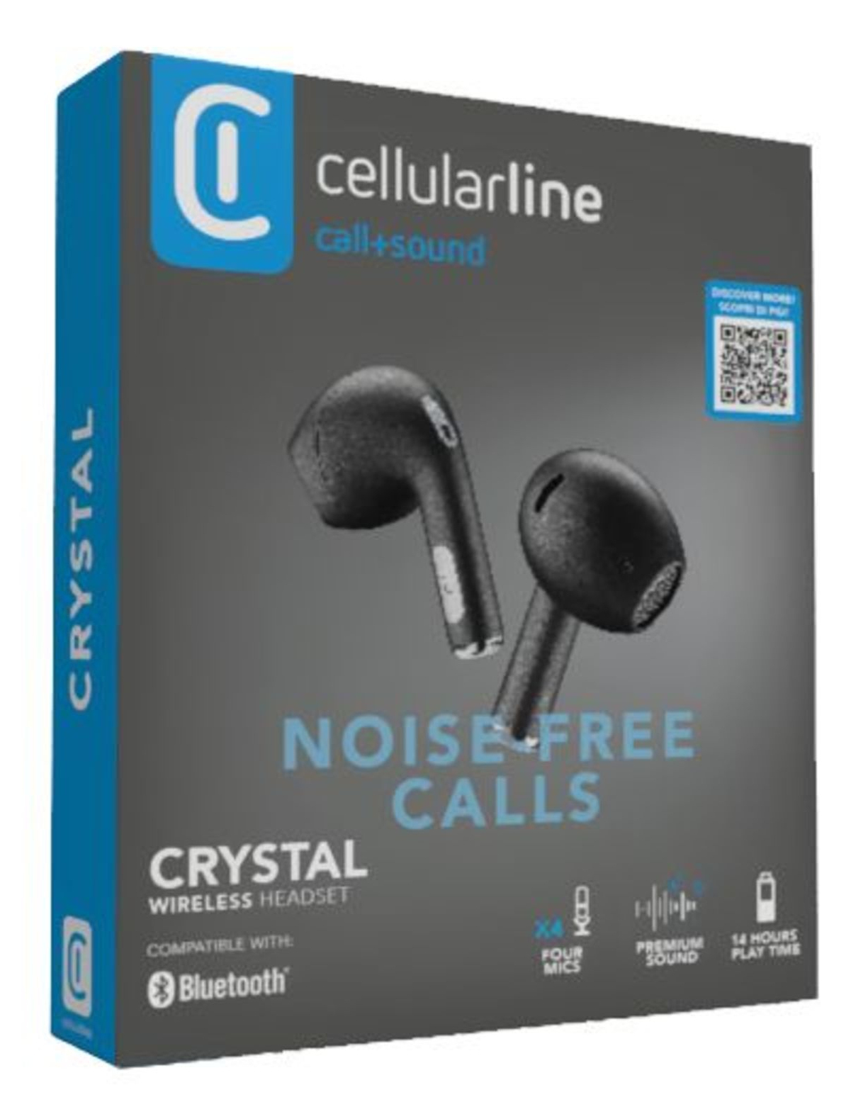 Eine Schachtel mit schwarzen Ohrhörern mit Bluetooth-Logo, Text und einem Premium-Sound-Label.