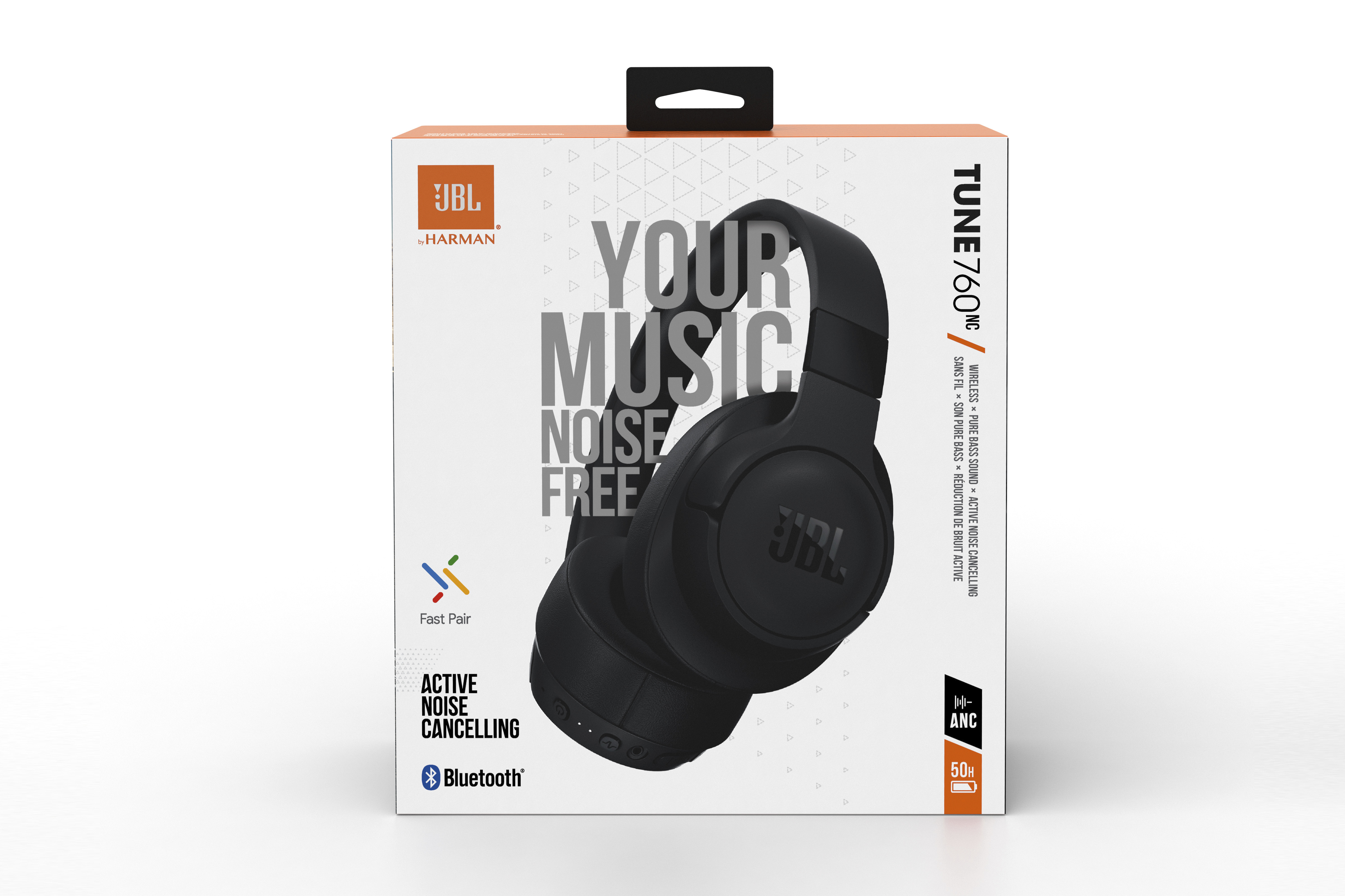 Auriculares JBL en una caja con texto, mostrando los auriculares. Fondo blanco.