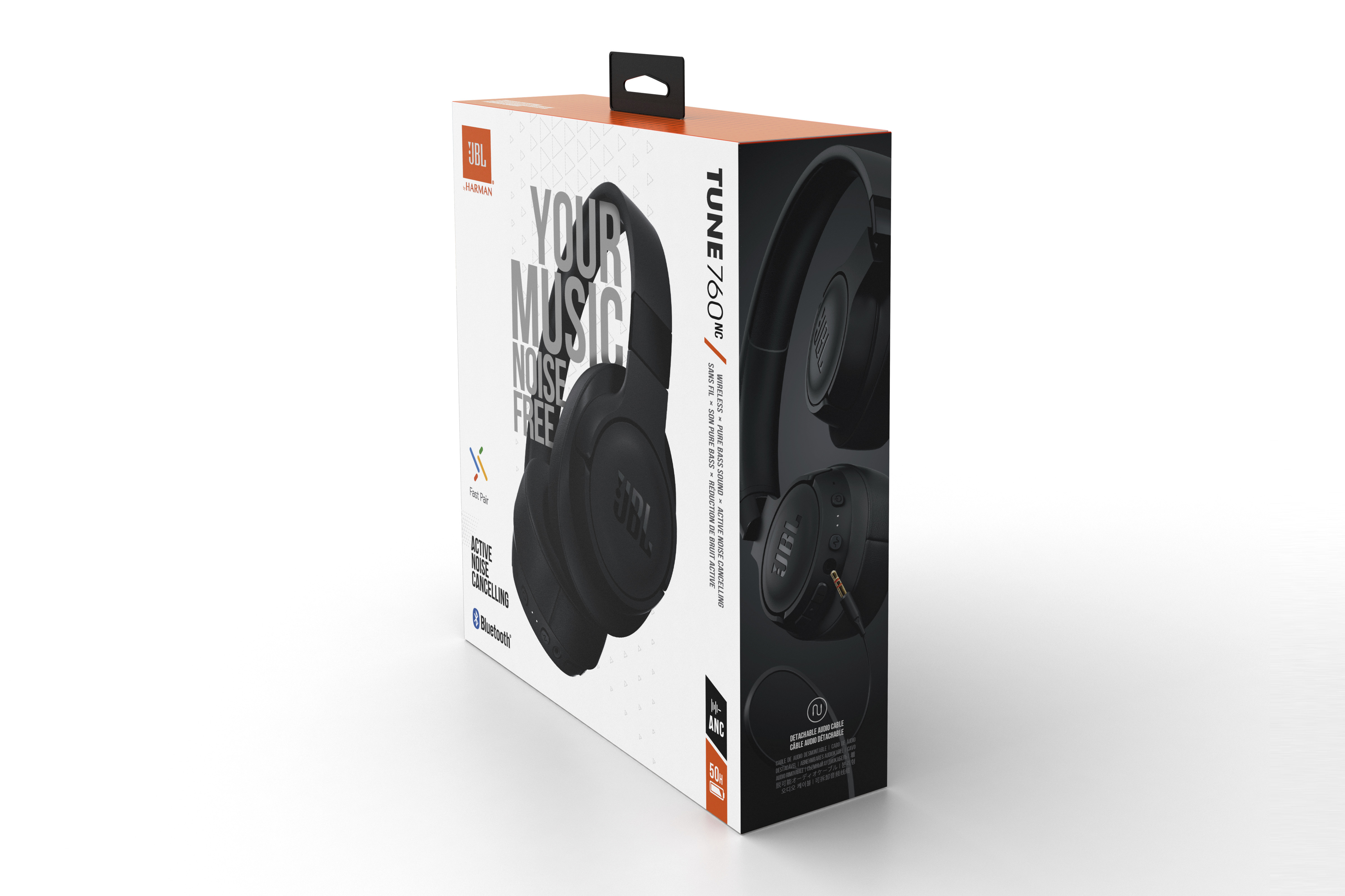 Caja del producto de auriculares JBL, blanca con detalles en negro y naranja. Muestra auriculares y características.