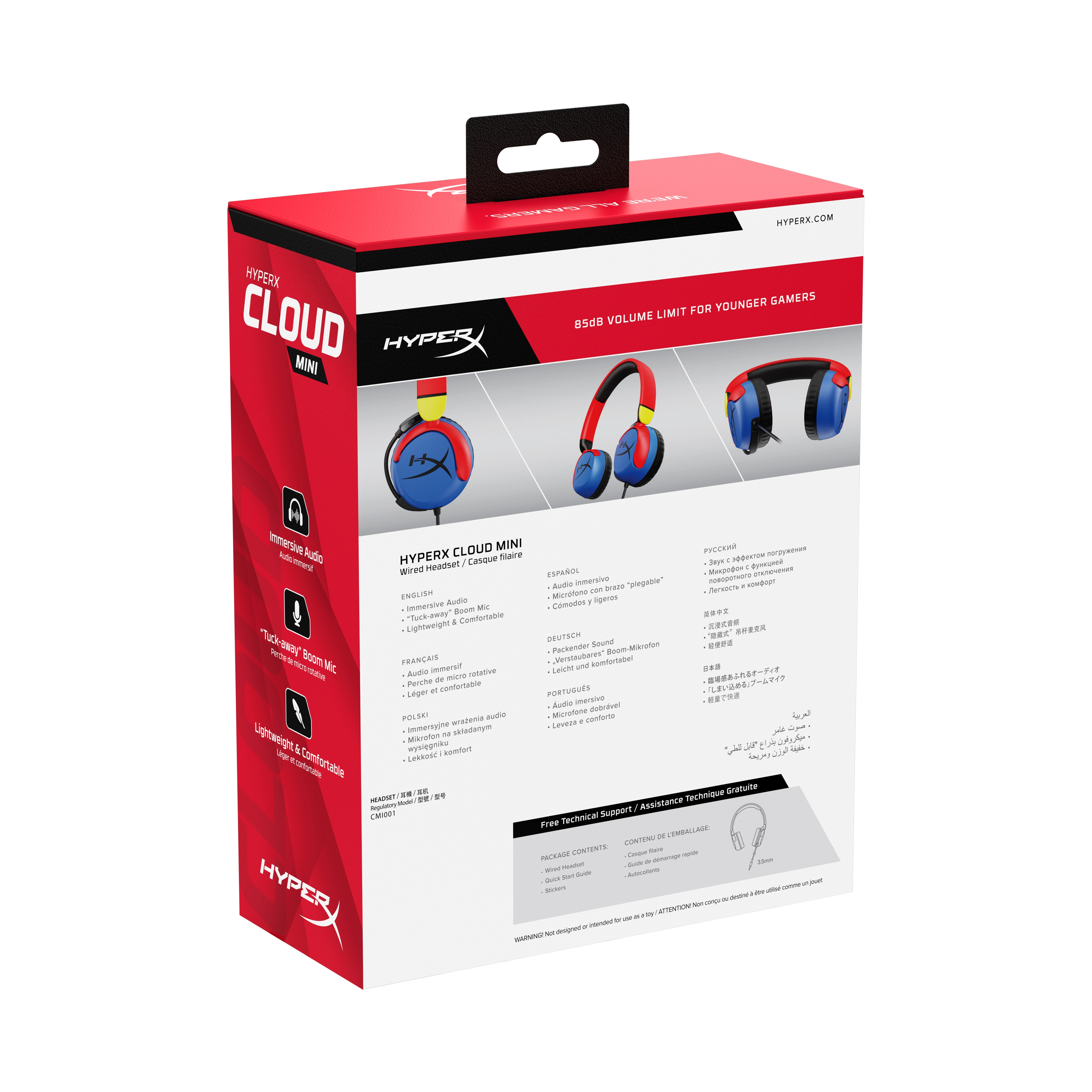 Opakowanie słuchawek HyperX Cloud Mini. Pokazuje słuchawki i kluczowe funkcje.