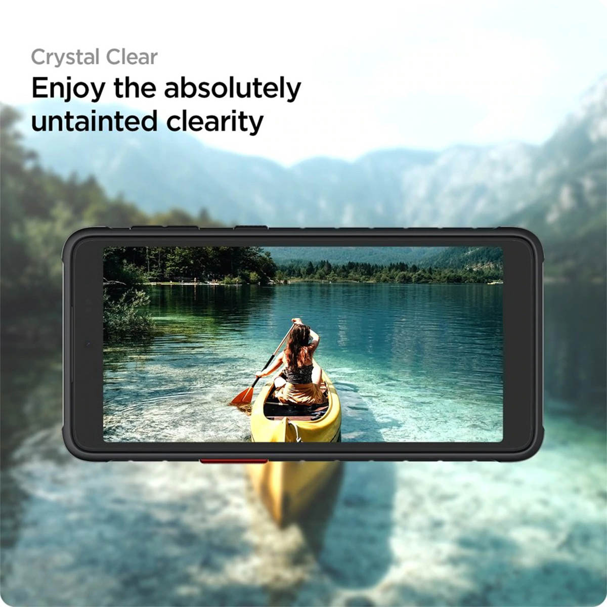 Telefon wyświetla scenę jeziora. Telefon jest w etui. Tło to jezioro i góry.