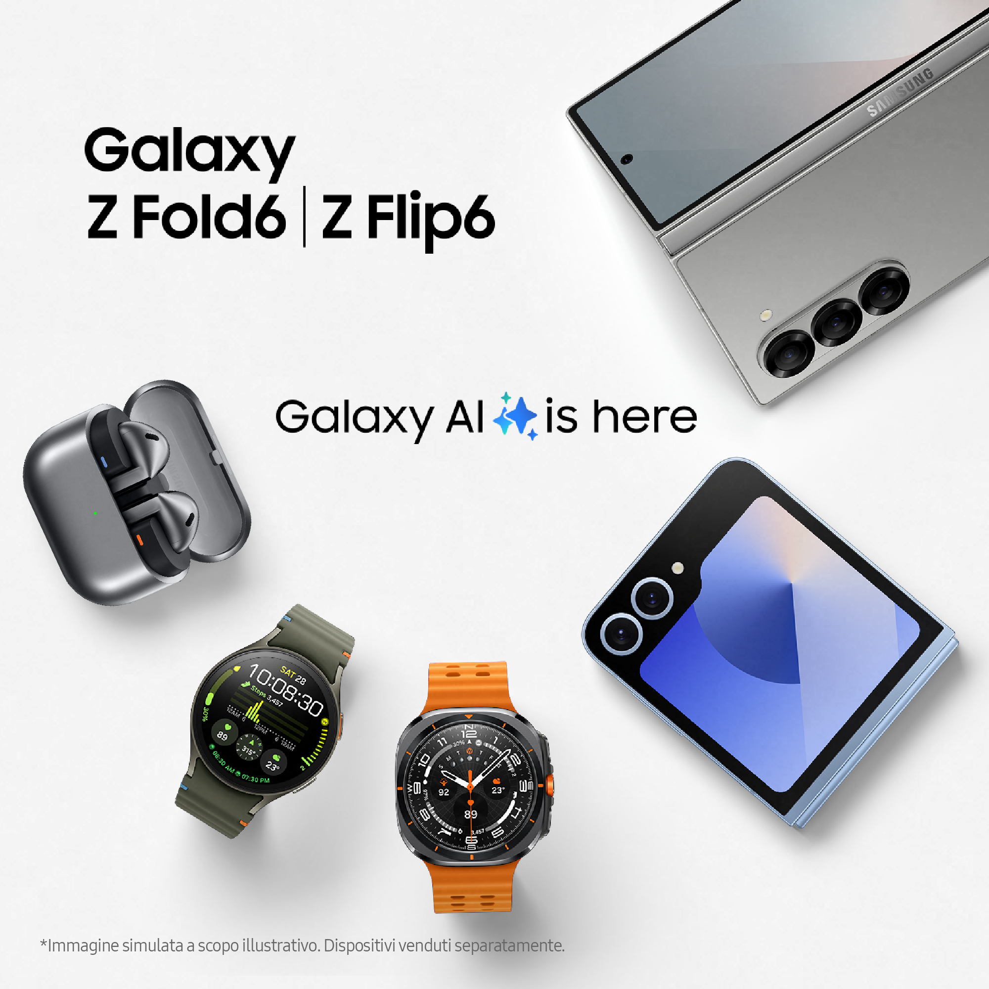 Obraz promocyjny z telefonem, słuchawkami i smartwatchami. Prezentowane są Galaxy Z Fold6 i Z Flip6.