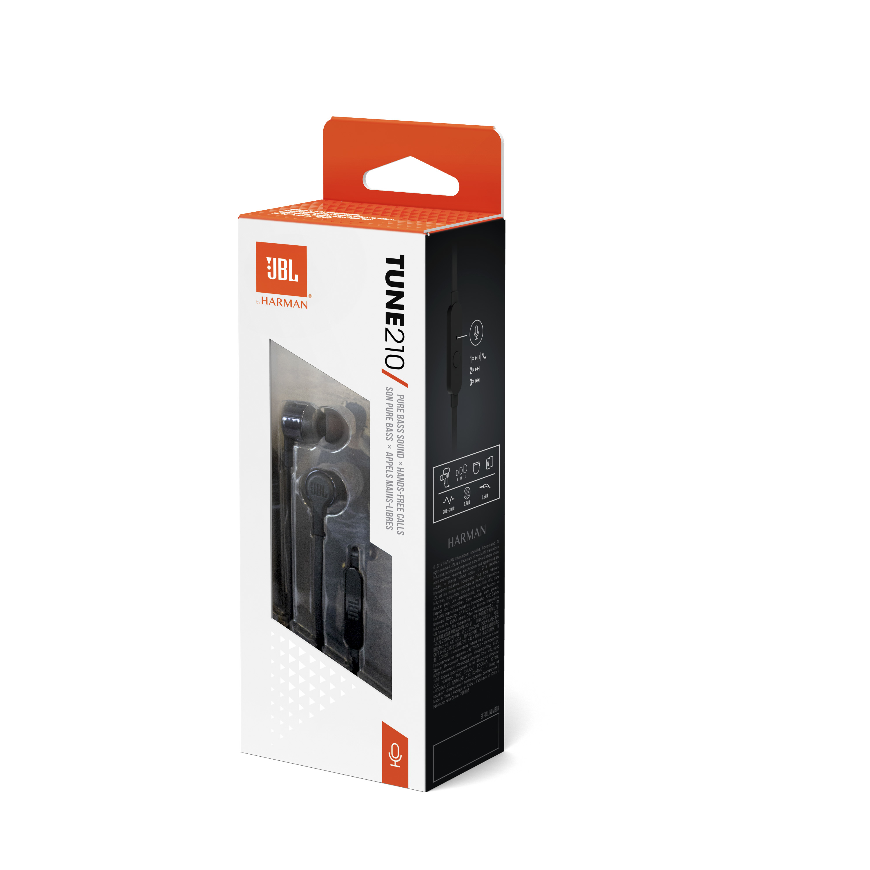 Eine Produktbox der JBL Tune 210 Kopfhörer. Die Box zeigt die Kopfhörer und Funktionen.