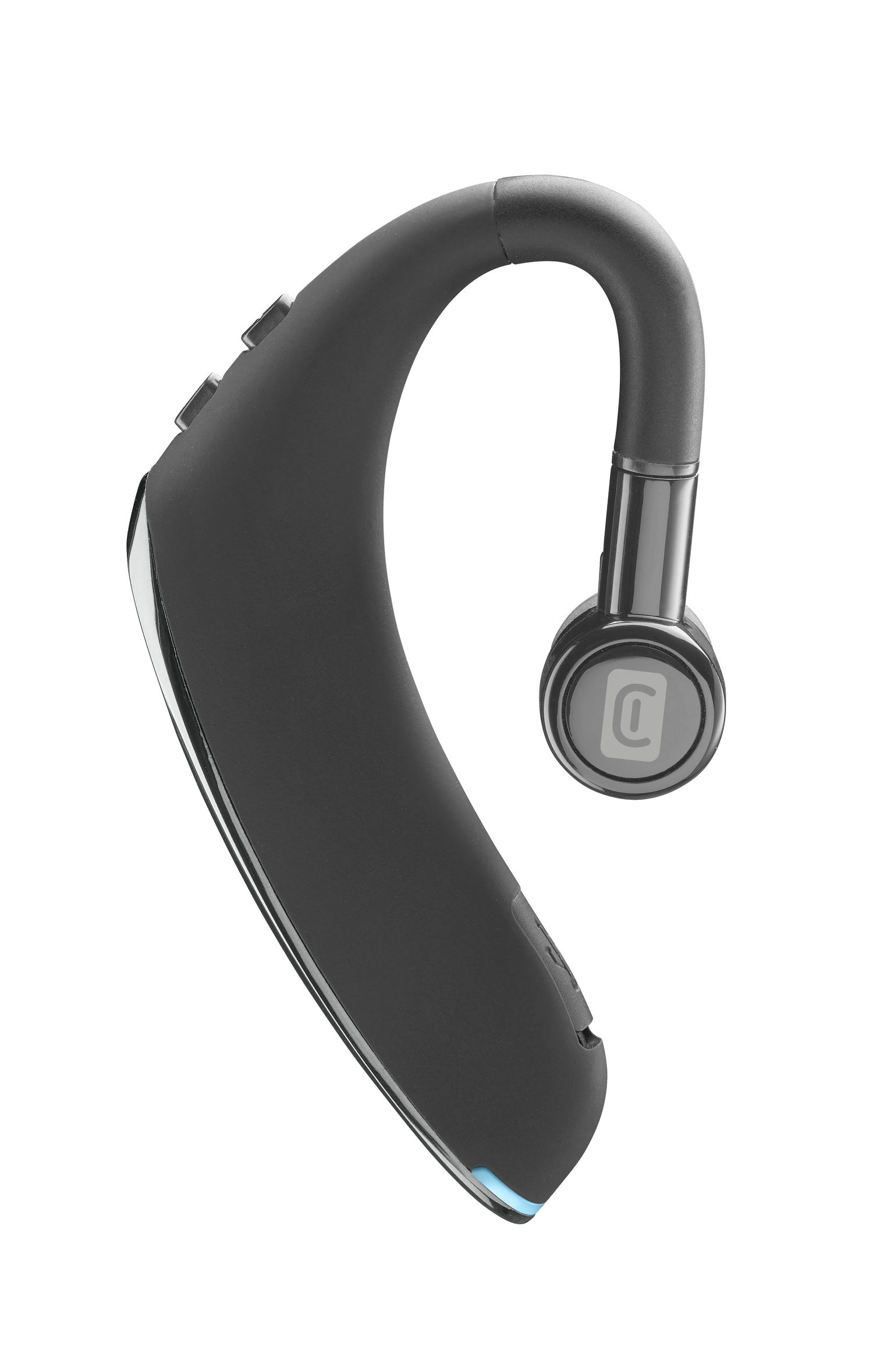 Un auricular Bluetooth negro. Tiene un diseño curvo con botones de control y un micrófono.