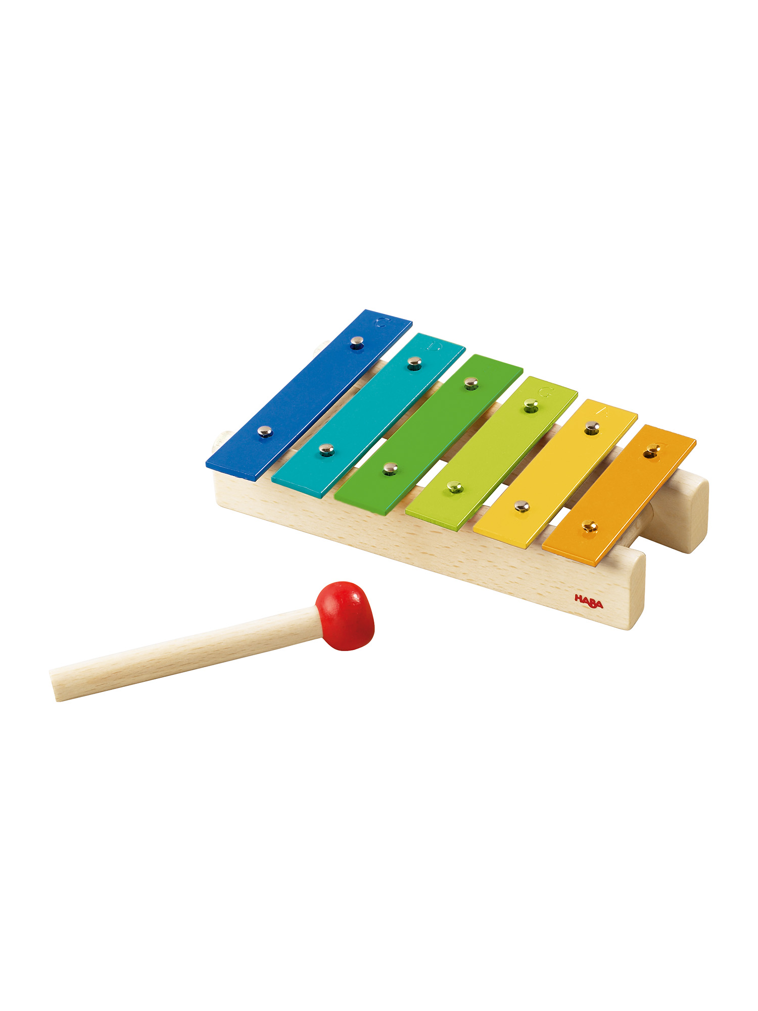 Xylophon-Spielzeug mit rotem Schlägel. Die Balken sind blau, türkis, grün, gelb und orange auf einem Holzsockel.