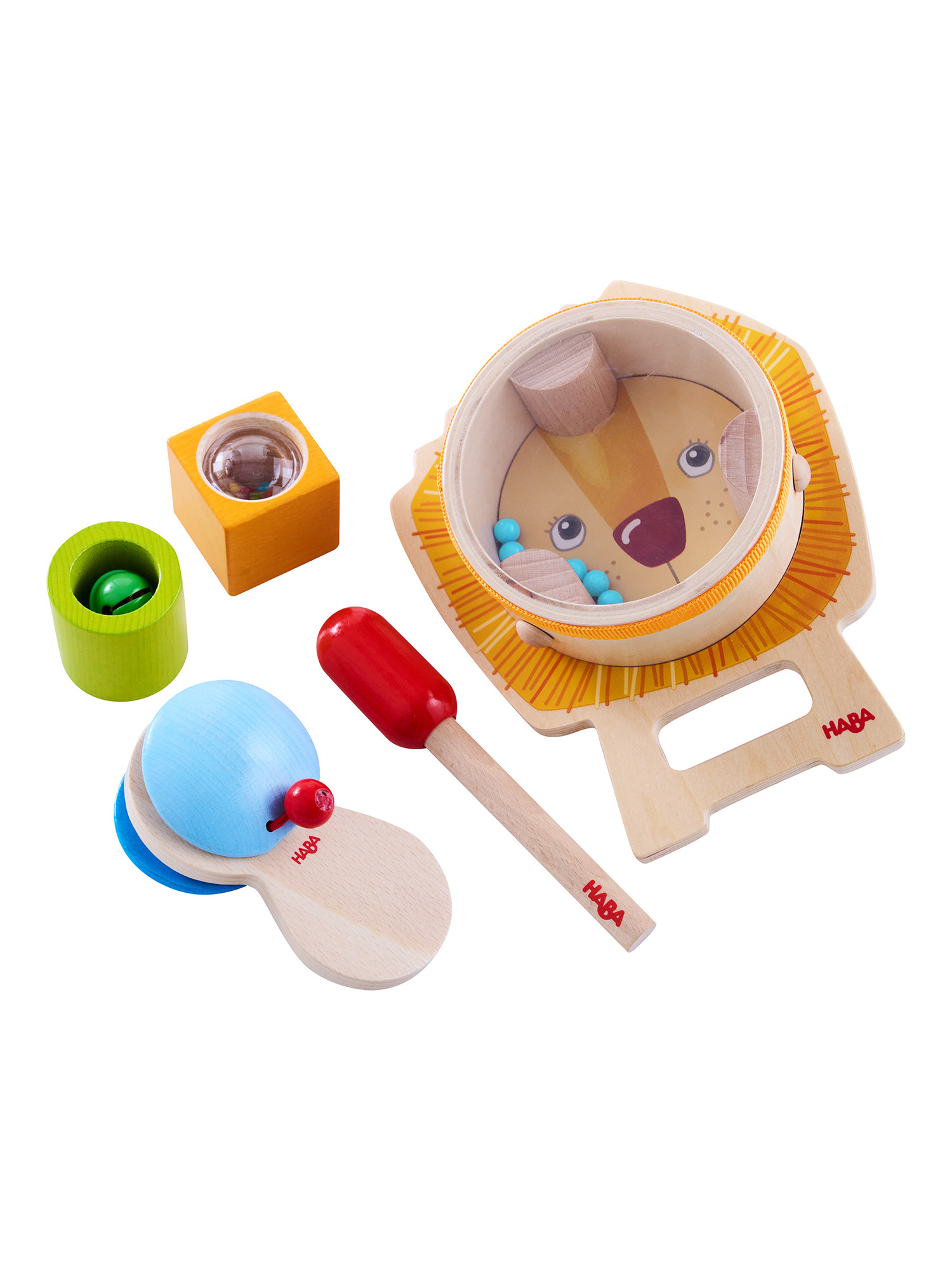 Ein Set aus musikalischen Spielzeuginstrumenten, darunter eine Trommel, ein Shaker und ein Xylophon, alles aus Holz.