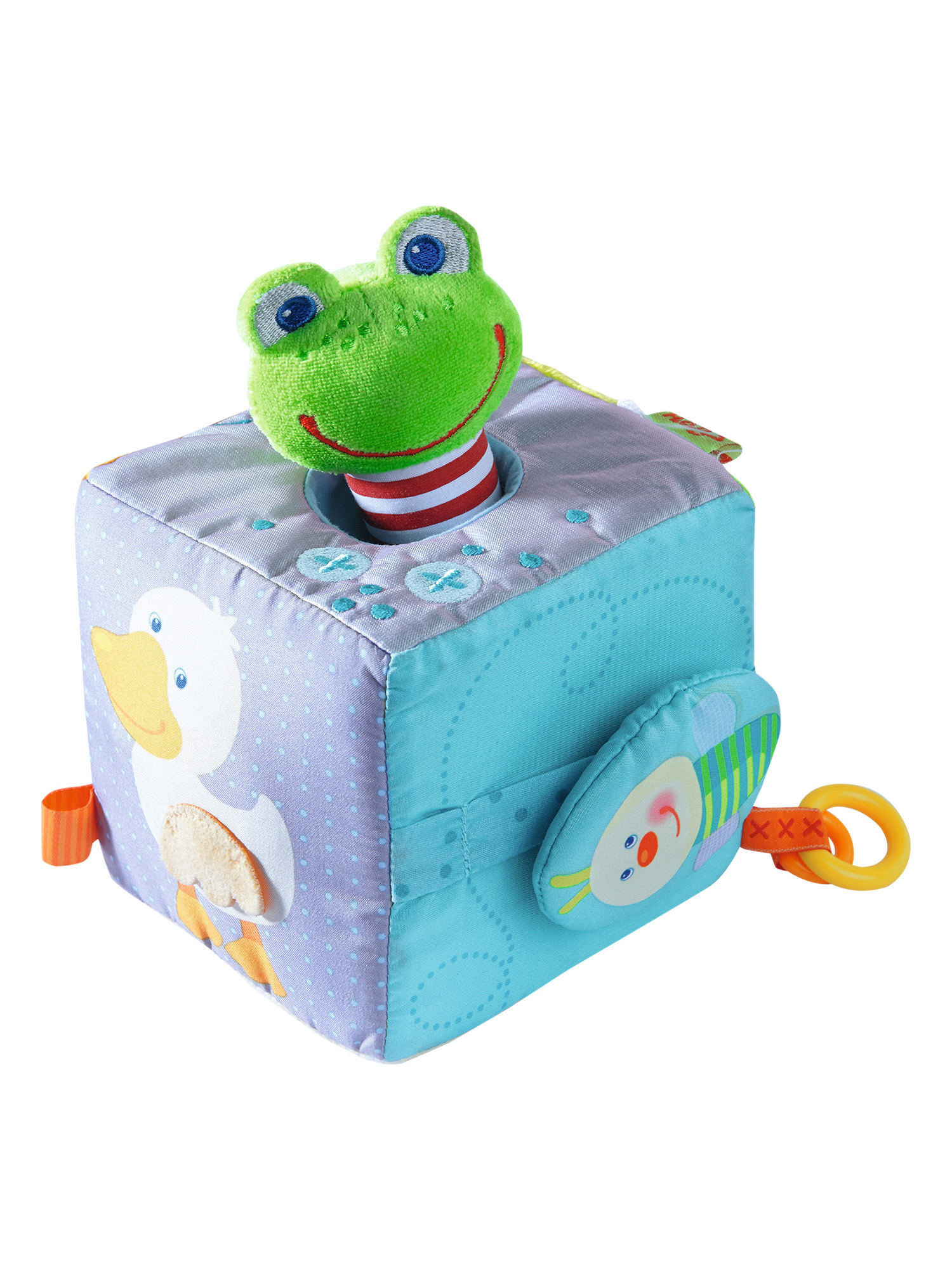 Ein Würfelspielzeug mit einem Froschkopf oben. Der Würfel hat ein Enten- und Raupendesign.