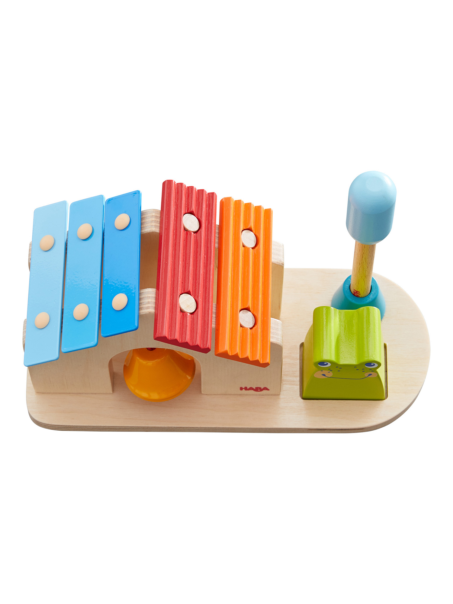 Ein hölzernes Xylophon mit blauen, roten und orangen Tasten und einem grünen Froschcharakter.