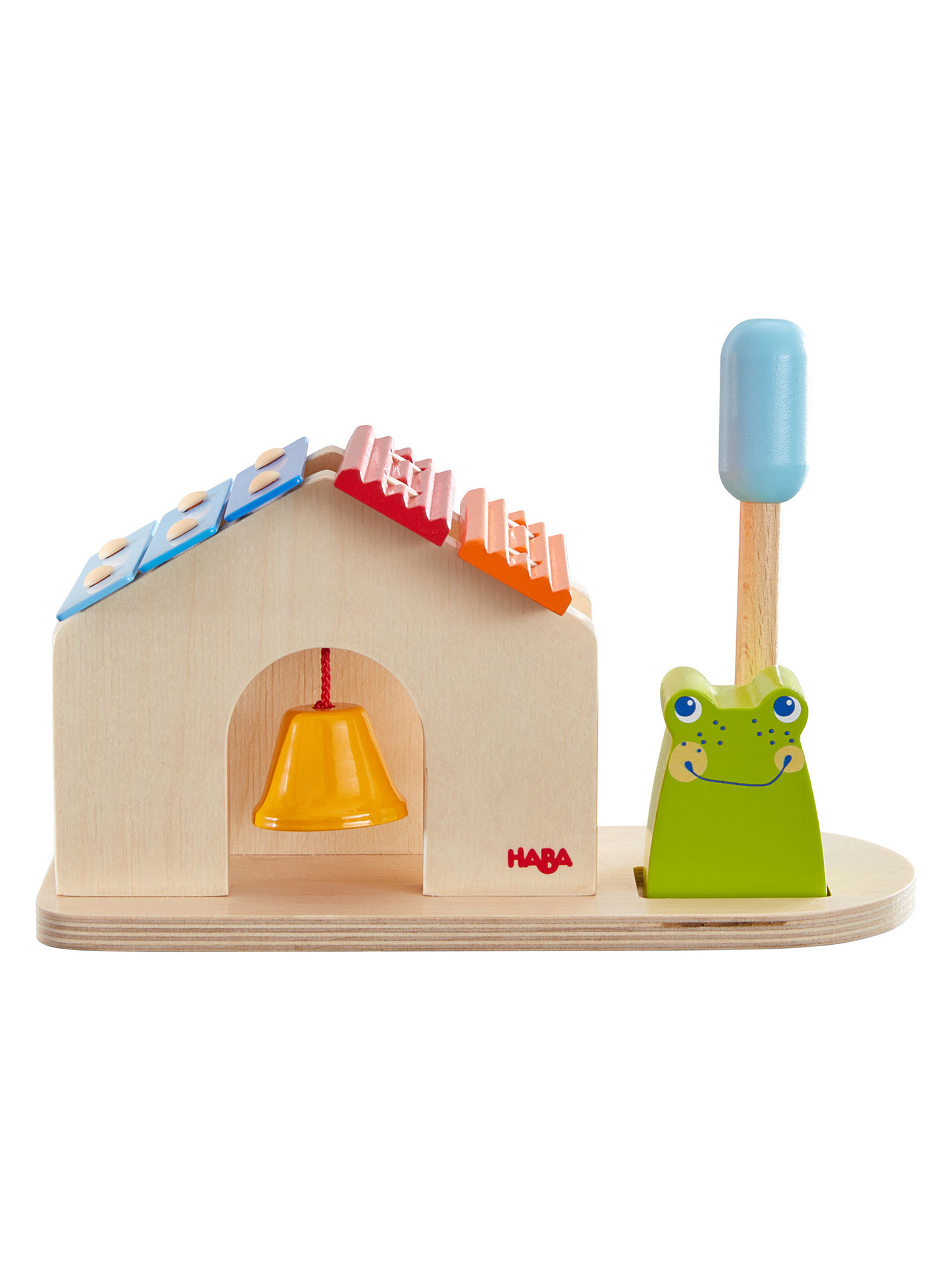 Holzspielzeug mit Glocke im Haus, Frosch und Schlägel.