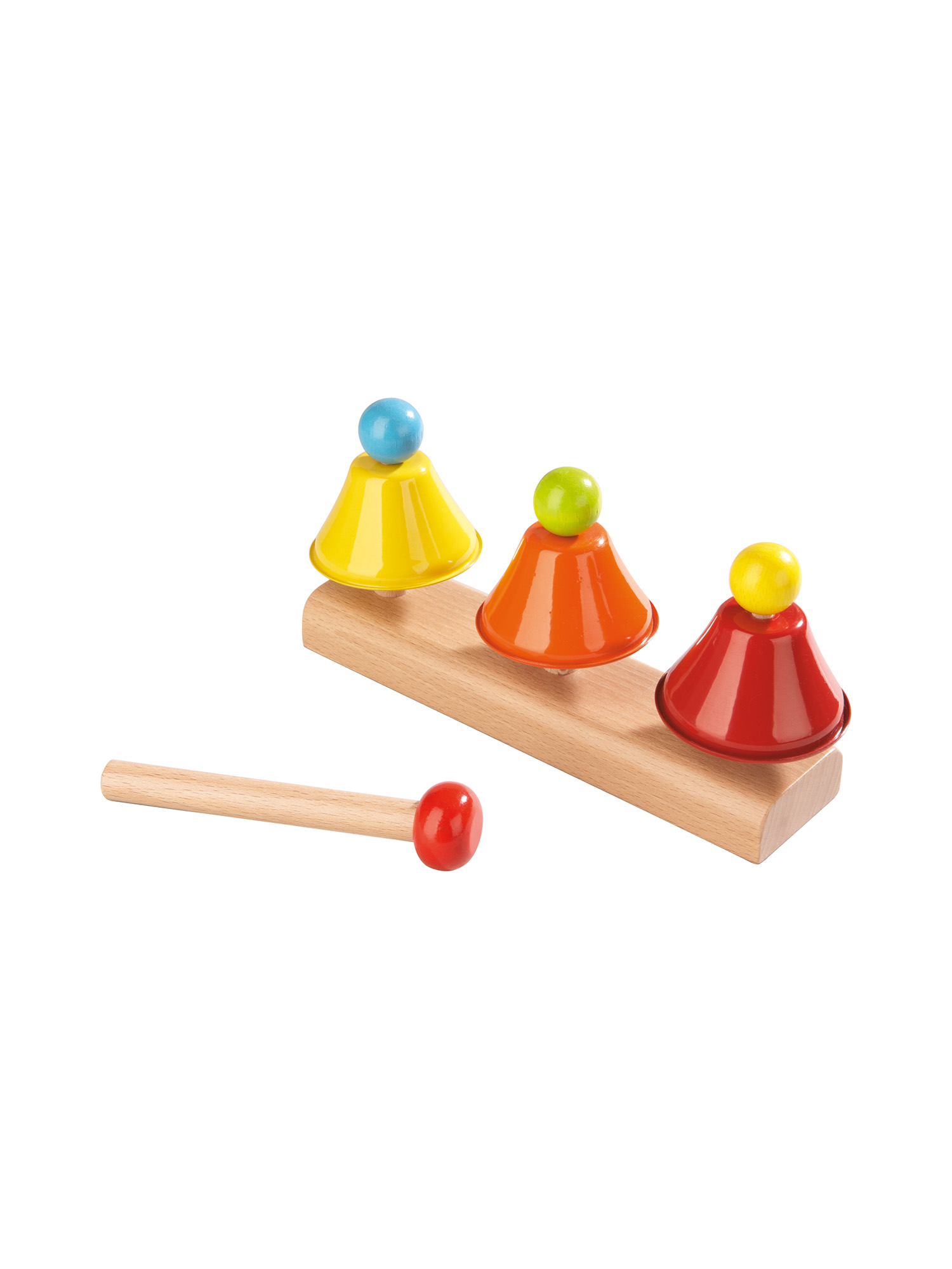 Holzspielzeug mit drei Glocken in verschiedenen Farben und einem Hammer. Die Glocken stehen auf einem Holzsockel.