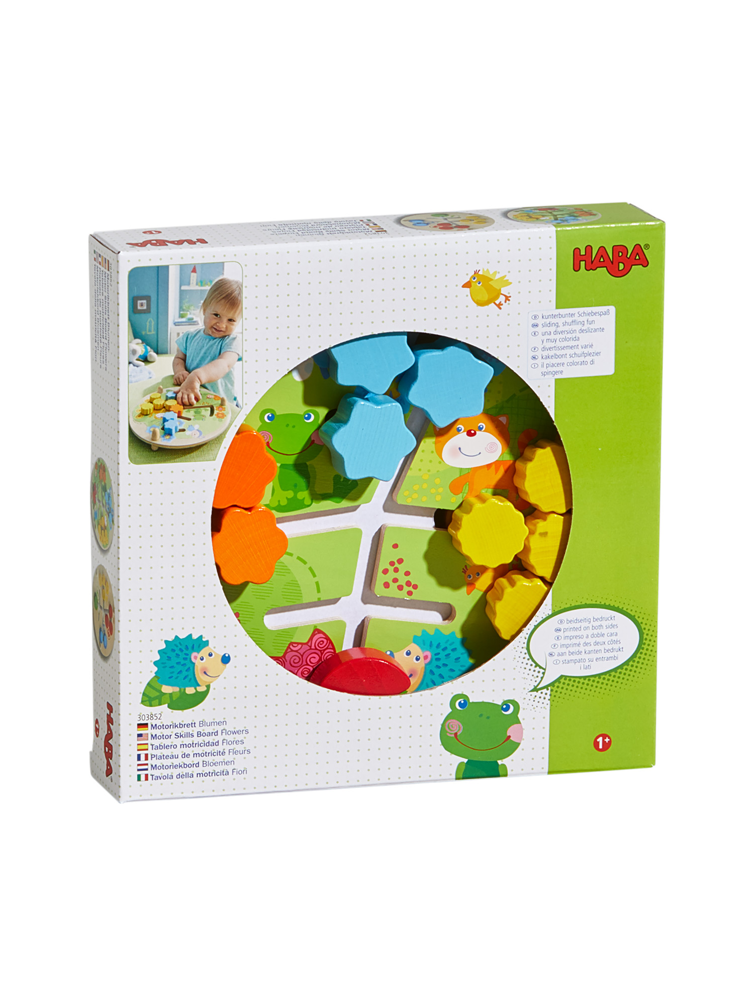 Kiste mit Holzspielzeug. Das Spielzeug ist ein farbenfrohes Puzzle mit Tierformen. Die Kiste hat Illustrationen.