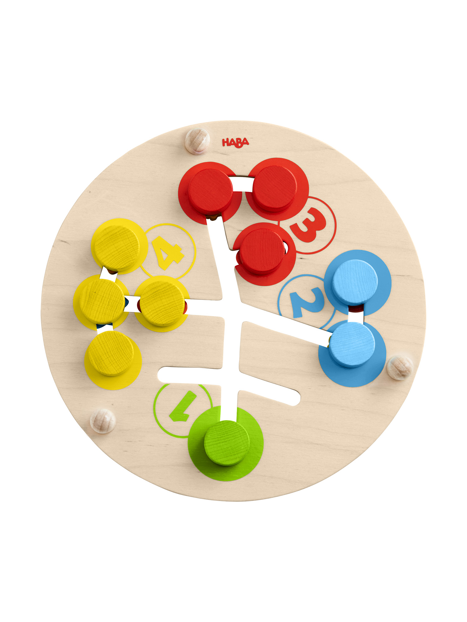 Ein Holzspielzeug mit farbigen Kreisen und einem Pfad für das Spiel.